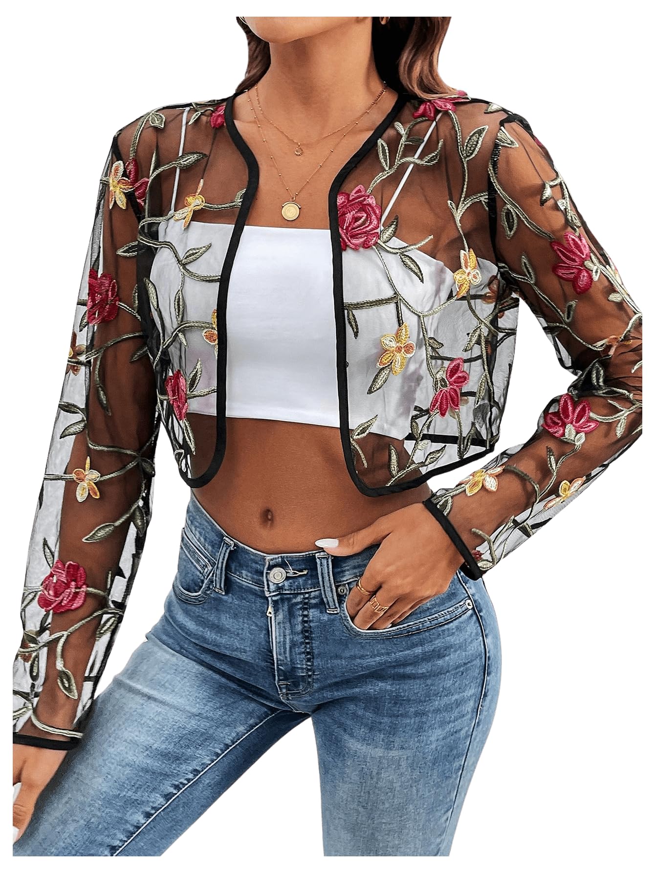 OYOANGLE Women's Floral Embroidered Sheer Bolero Open Front Crop Jackets | Long Sleeve Mesh Summer Cardigan Tops, Wedding Guest, Shrugs for Dresses, Boho Holiday Cover Up