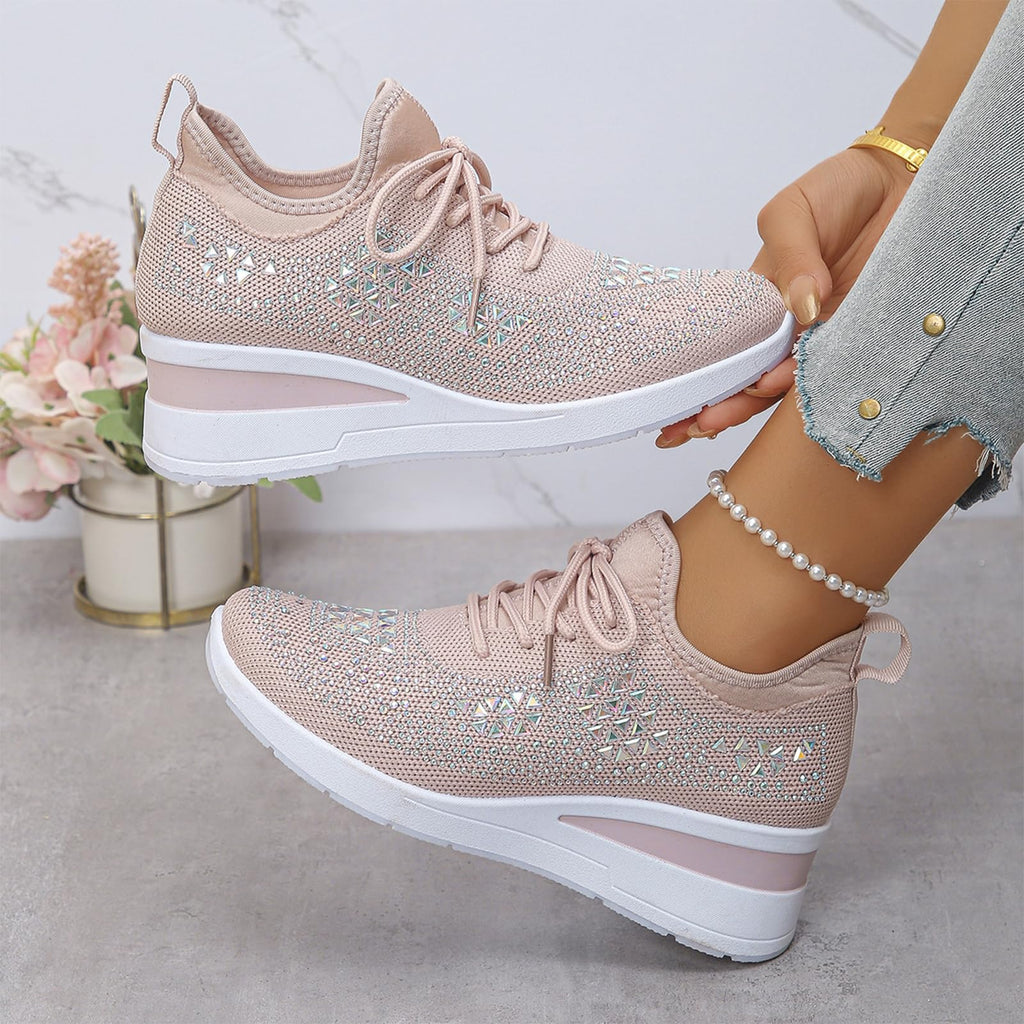 Glitter Rhinestone Wedge Sneakers with Lace-Up for Women Fashion Shiny Sequin Comfort Orthopedic Breathable Mesh Round Toe Soft Sole Tennis Walking Shoes