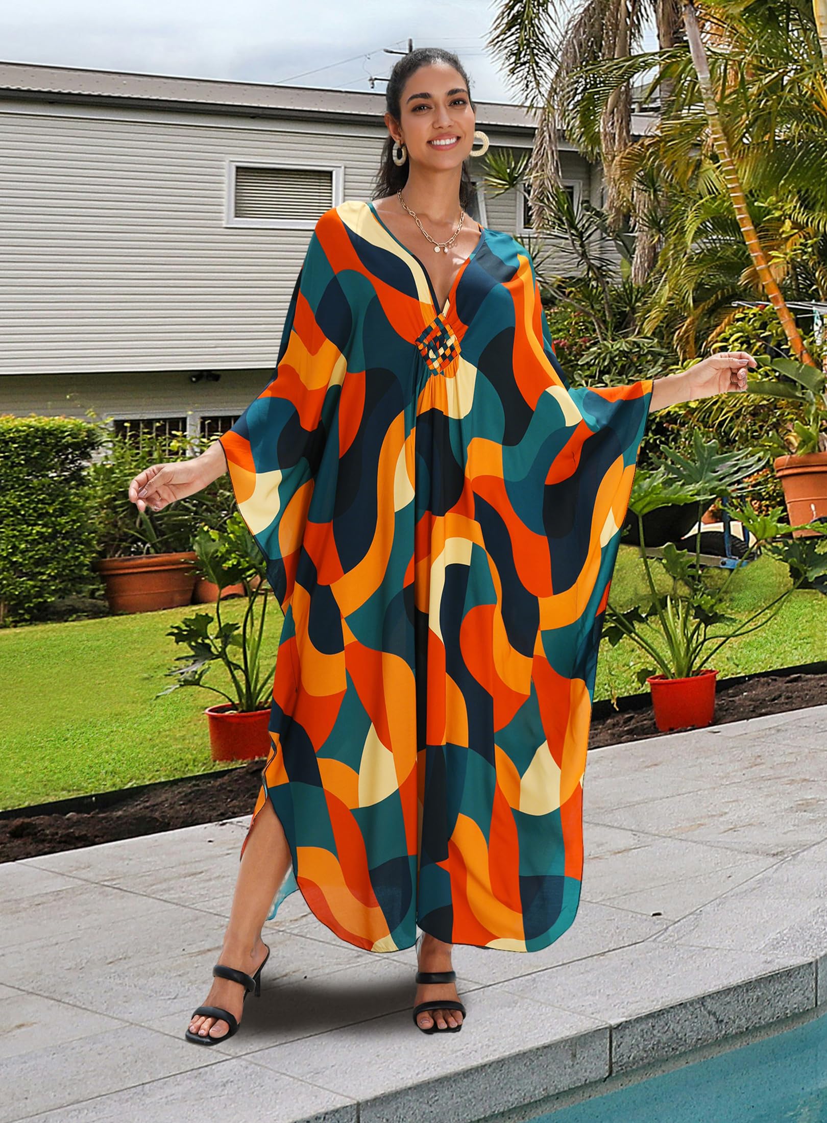 Yanziliu Kaftan Dress for Women,Plus Size Hawaiian Batwing Sleeve Beach Cover Up Summer Swimsuit Dresses