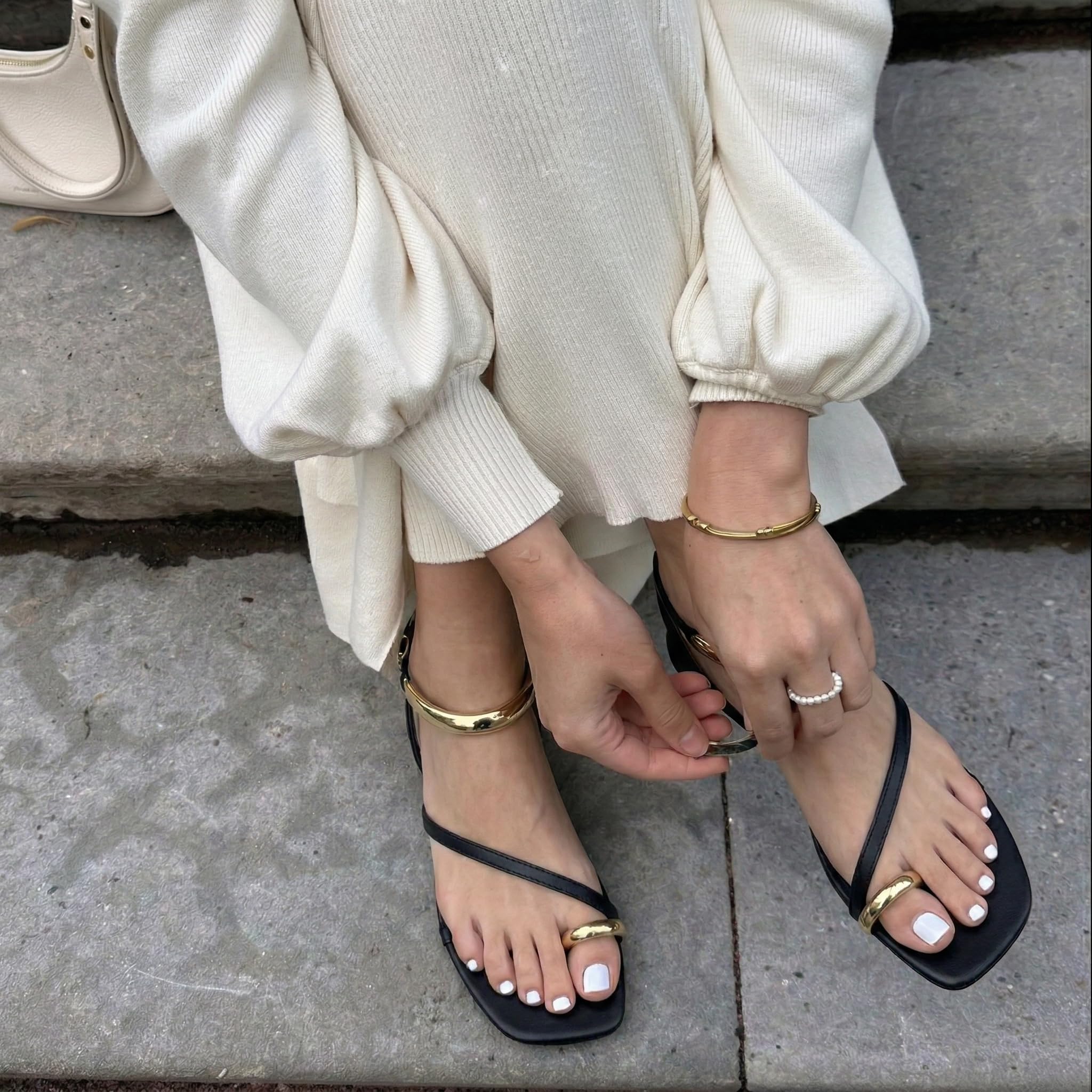 CUSHIONAIRE Secret Flat Sandals for Women with Gold Ankle Cuff and Toe Ring Strap, Vegan Leather Dress Sandals