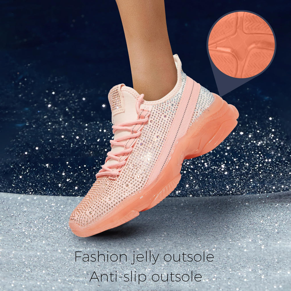 BELOS Women Rhinestone Mesh Slip On Walking Shoes | Fashion Breathable Spakle Glitter Sneaker