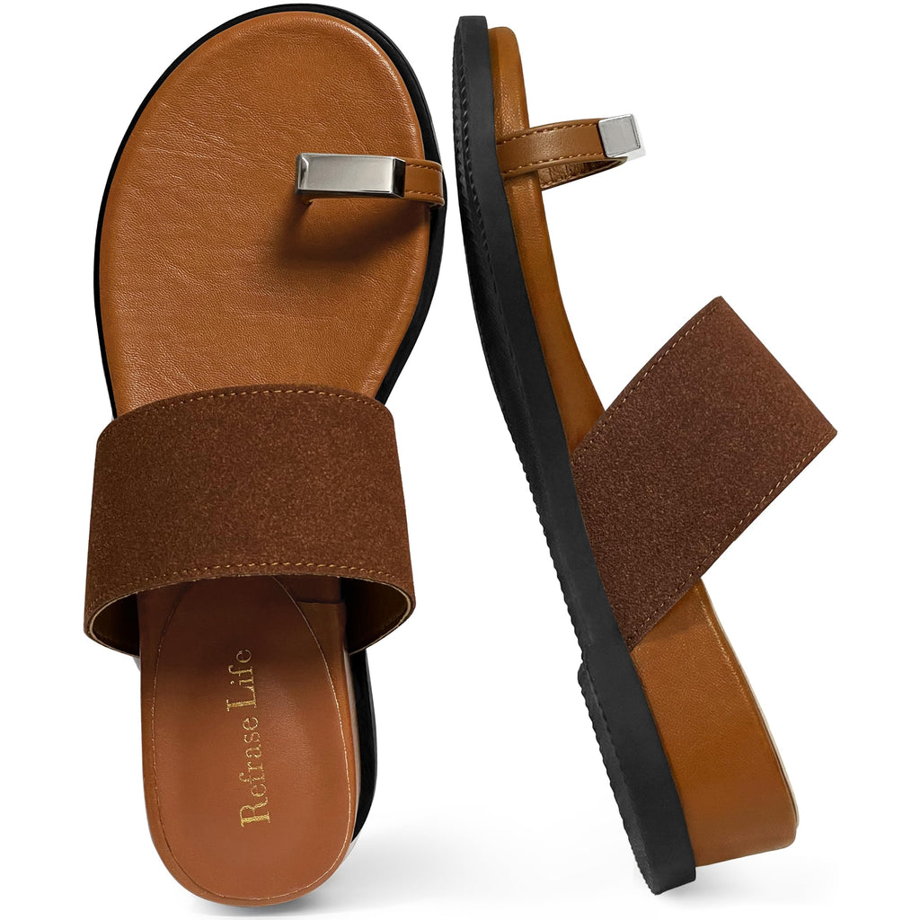REFRASE LIFE Women's Toe Ring Slide Sandals Strappy Toe Loop Slip On Open Toe Flip Flops, Casual Summer Beach Shoes