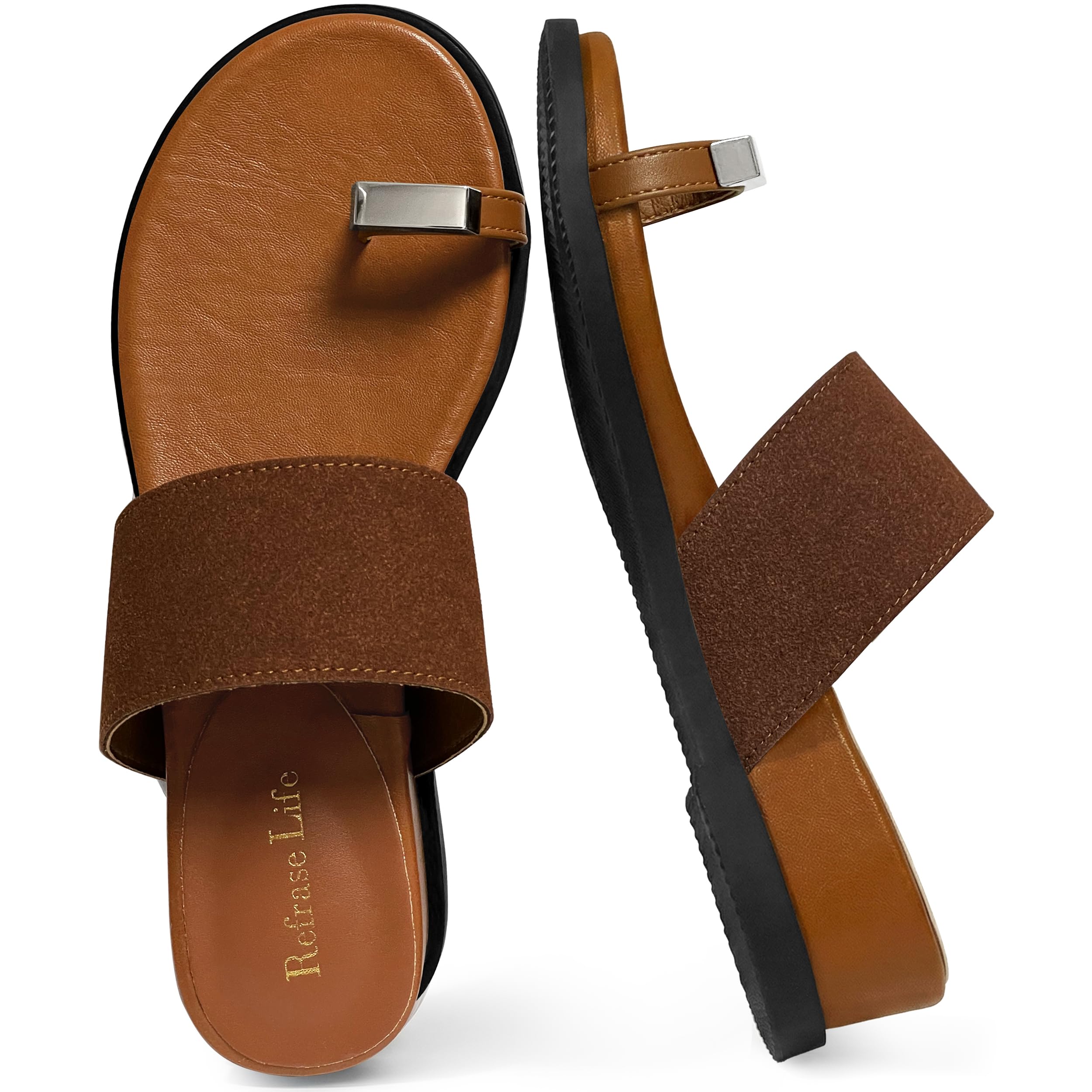 REFRASE LIFE Women's Toe Ring Slide Sandals Strappy Toe Loop Slip On Open Toe Flip Flops, Casual Summer Beach Shoes