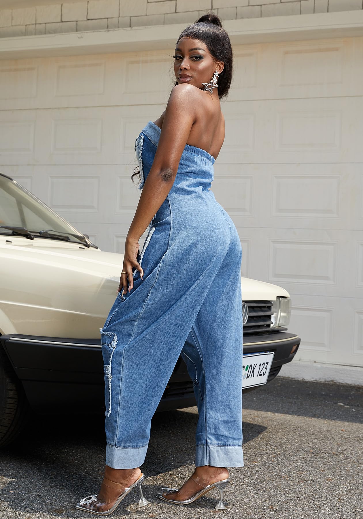 Kwunbwa Strapless Denim Jumpsuit for Women Loose Wide Leg Cargo Jean Romper | Stretch Fabric, Blue One Piece Jean Romper, Patchwork, Multi Pockets, Baggy, Sexy, Plus Size, Suitable for Casual, Street