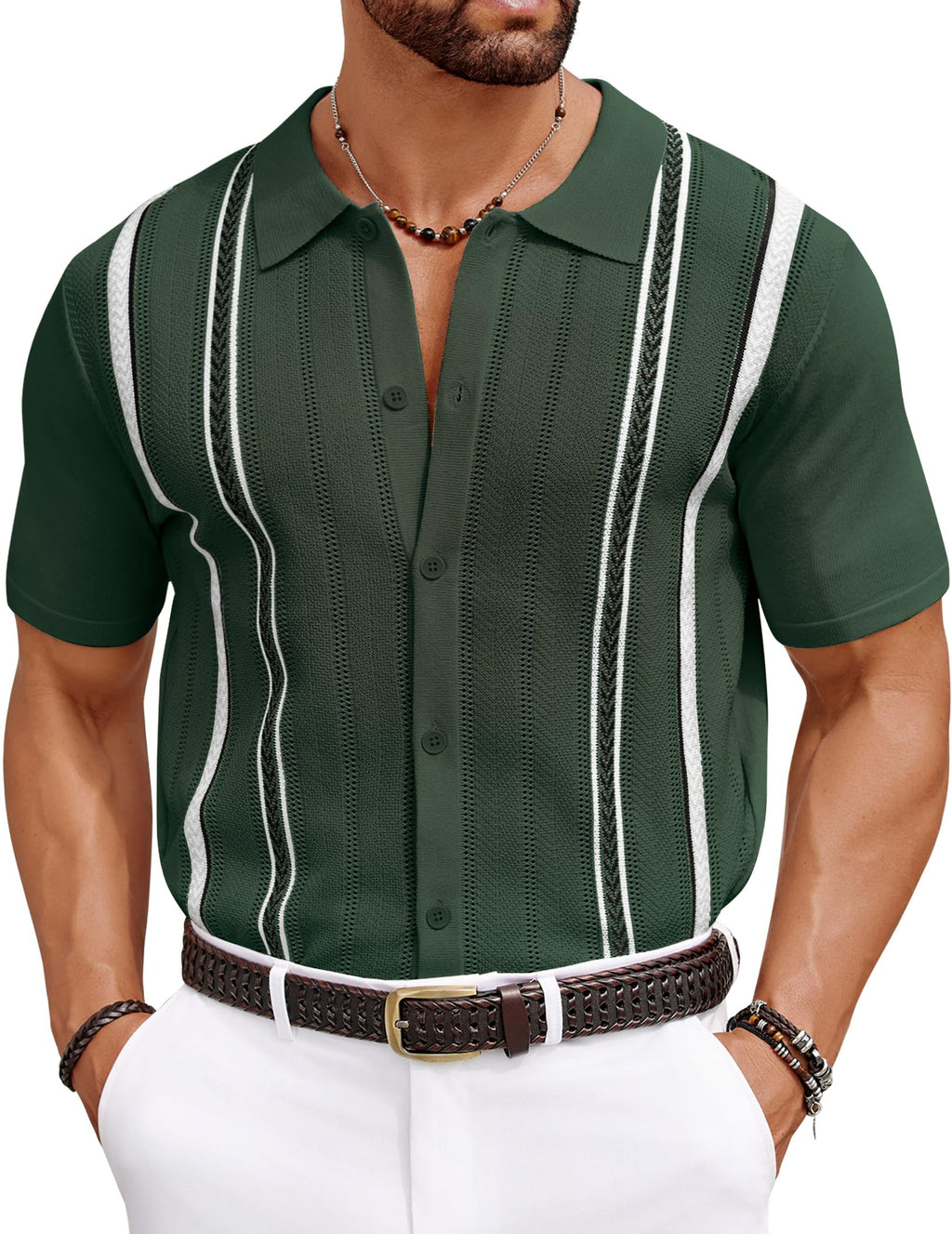 COOFANDY Knit Shirts for Men Casual Short Sleeve Button Down Shirts Summer Beach Stretch Fit Collared Shirts