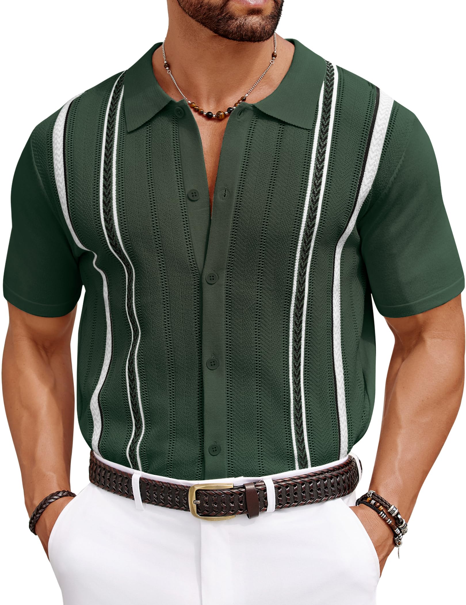 COOFANDY Knit Shirts for Men Casual Short Sleeve Button Down Shirts Summer Beach Stretch Fit Collared Shirts