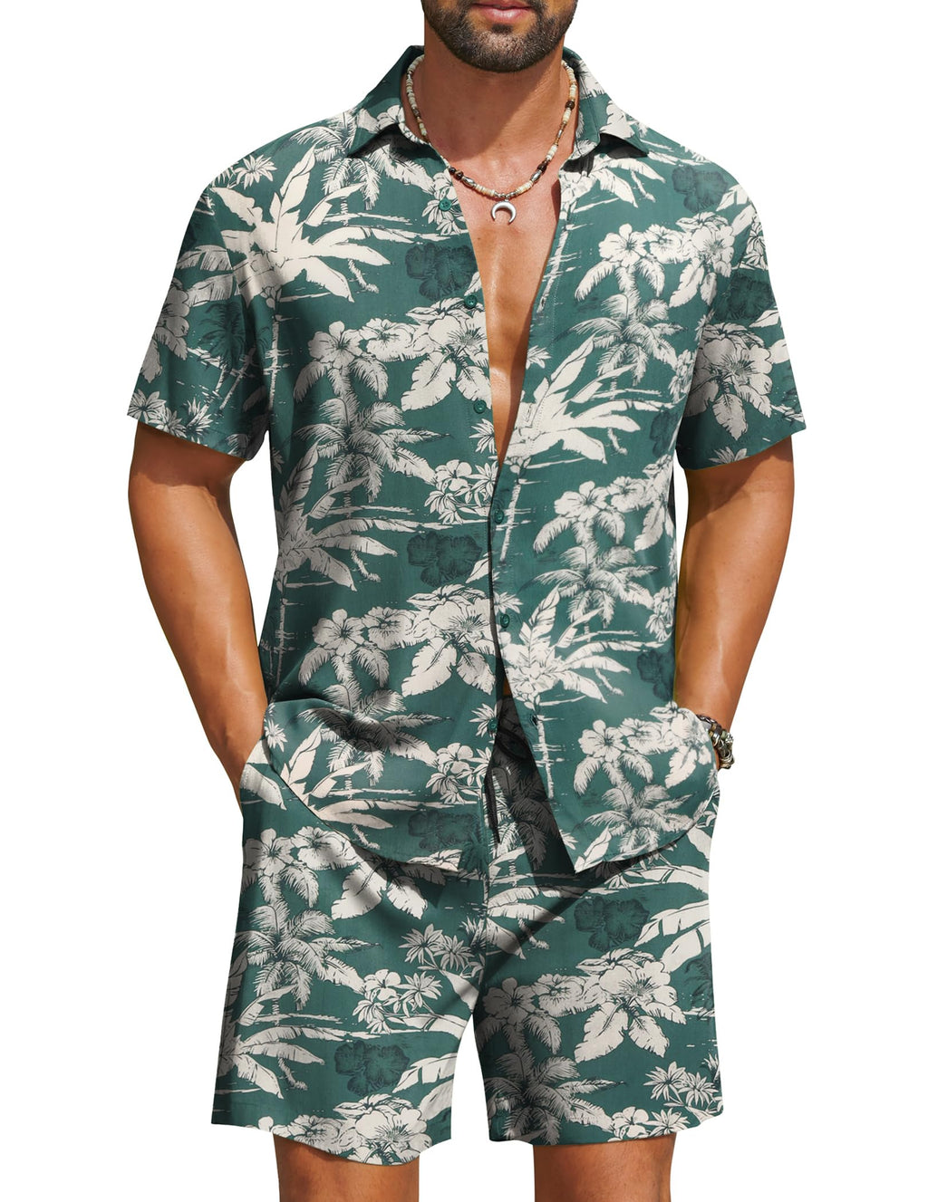 COOFANDY Men's Hawaiian Matching Set Summer Beach 2 Piece Outfits Flower Button Down Shirts and Shorts Vacation Outfits