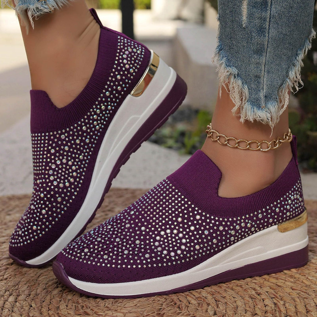 Shoes for Women Dressy Casual,Rhinestone Sneakers for Women Sparkly Bling Women's Rhinestone Mesh Slip-On Summer Shoes Breathable Spakle Glitter Comfortable Orthopedic Wedge Walking Shoes