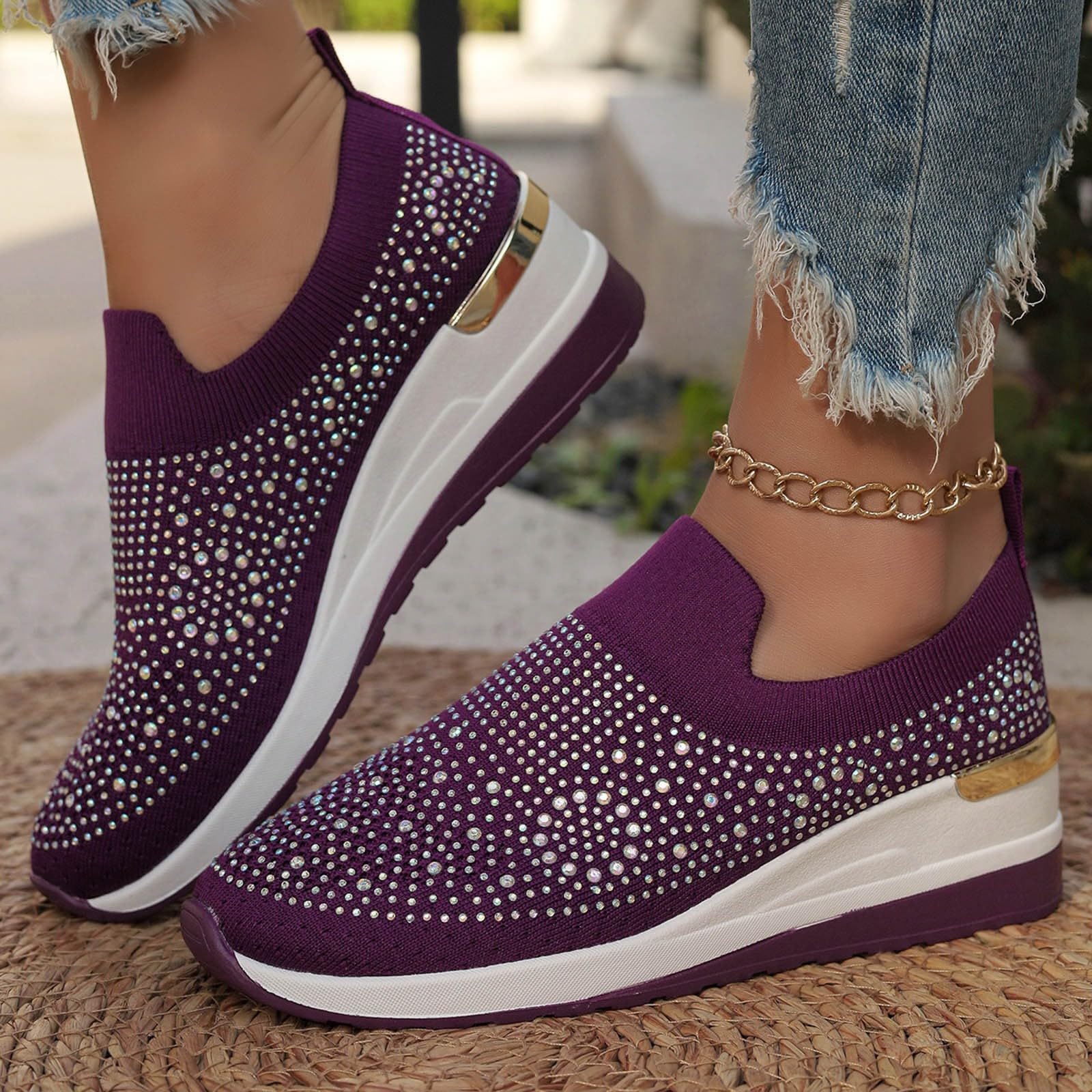 Shoes for Women Dressy Casual,Rhinestone Sneakers for Women Sparkly Bling Women's Rhinestone Mesh Slip-On Summer Shoes Breathable Spakle Glitter Comfortable Orthopedic Wedge Walking Shoes