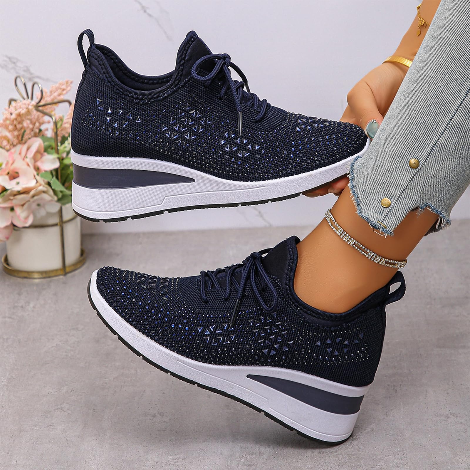 Glitter Rhinestone Wedge Sneakers with Lace-Up for Women Fashion Shiny Sequin Comfort Orthopedic Breathable Mesh Round Toe Soft Sole Tennis Walking Shoes