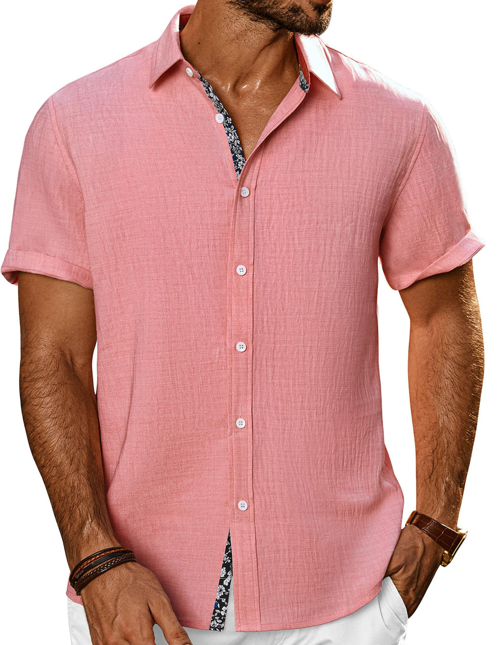 PJ PAUL JONES Mens Short Sleeve Button Down Shirts Casual Summer Clothing | Linen Textured, Summer Beach Vacation Tops, Untucked Dress Shirt, Lightweight, Regular Fit, Fashion Resort Wear