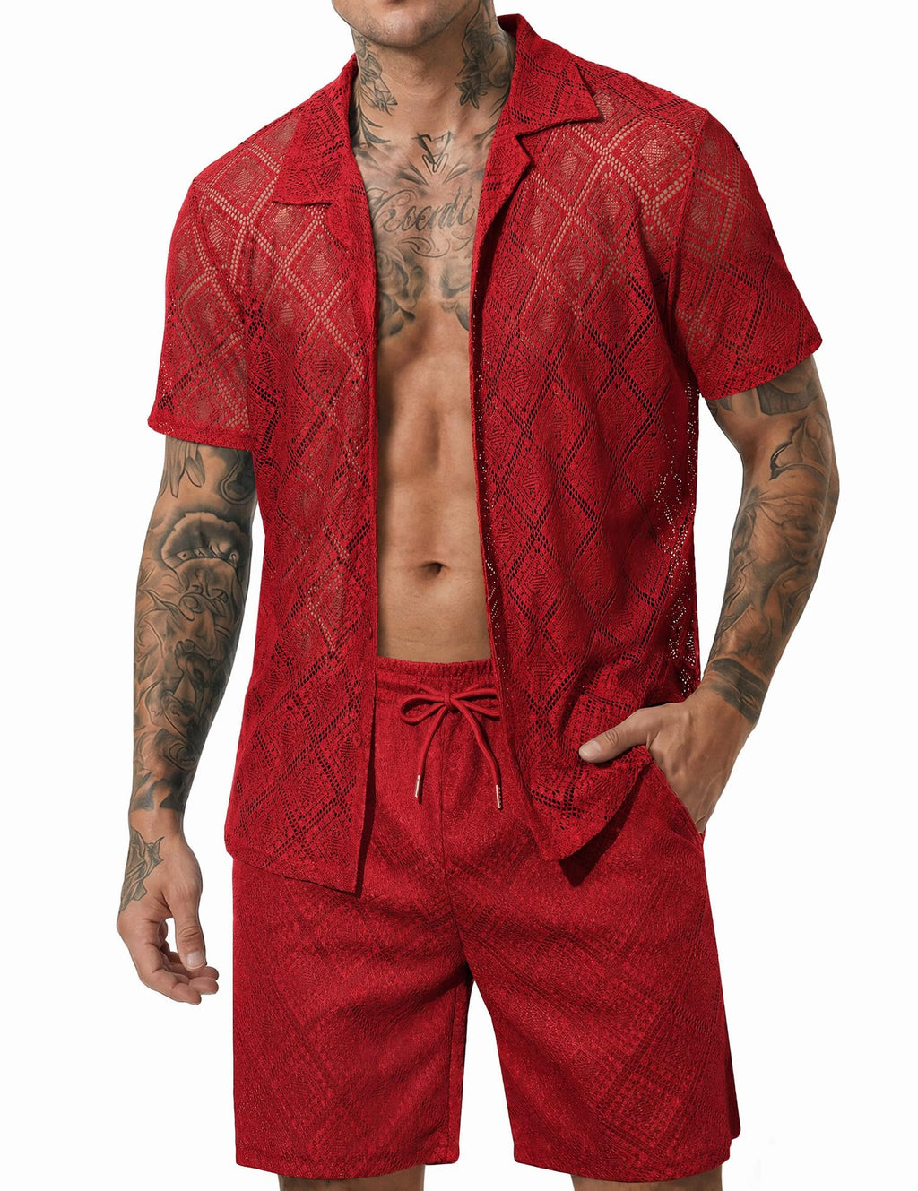 Men 2 Piece Shorts Set Sexy Lace Mesh Sheer Short Sleeve Summer Rave Outfit