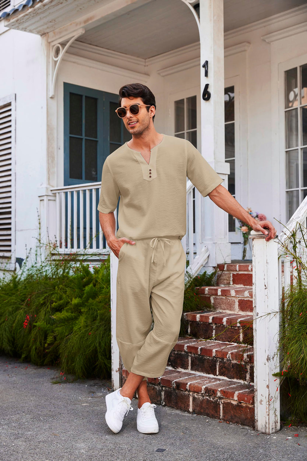 COOFANDY Men's 2 Pieces Linen Set Henley Shirt Short Sleeve and Harem Capri Pants Wide Leg Baggy Beach Yoga Trousers Outfits