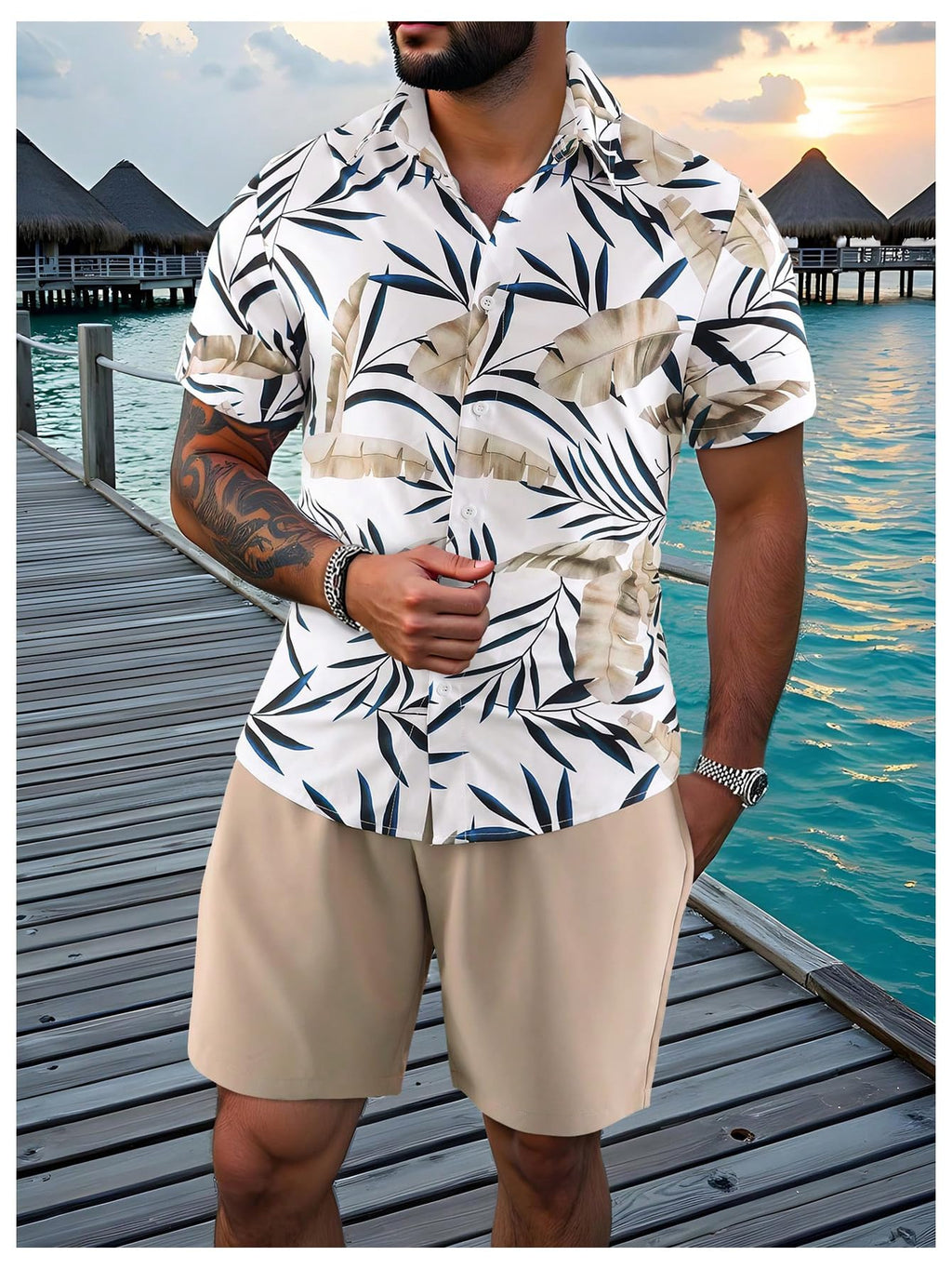 GORGLITTER Men's Beach Cruise Vacation Outfits Floral Shirt and Shorts Sets | Short Sleeve Button Up, Matching Hawaiian Outfits for Couples, Resort Wear