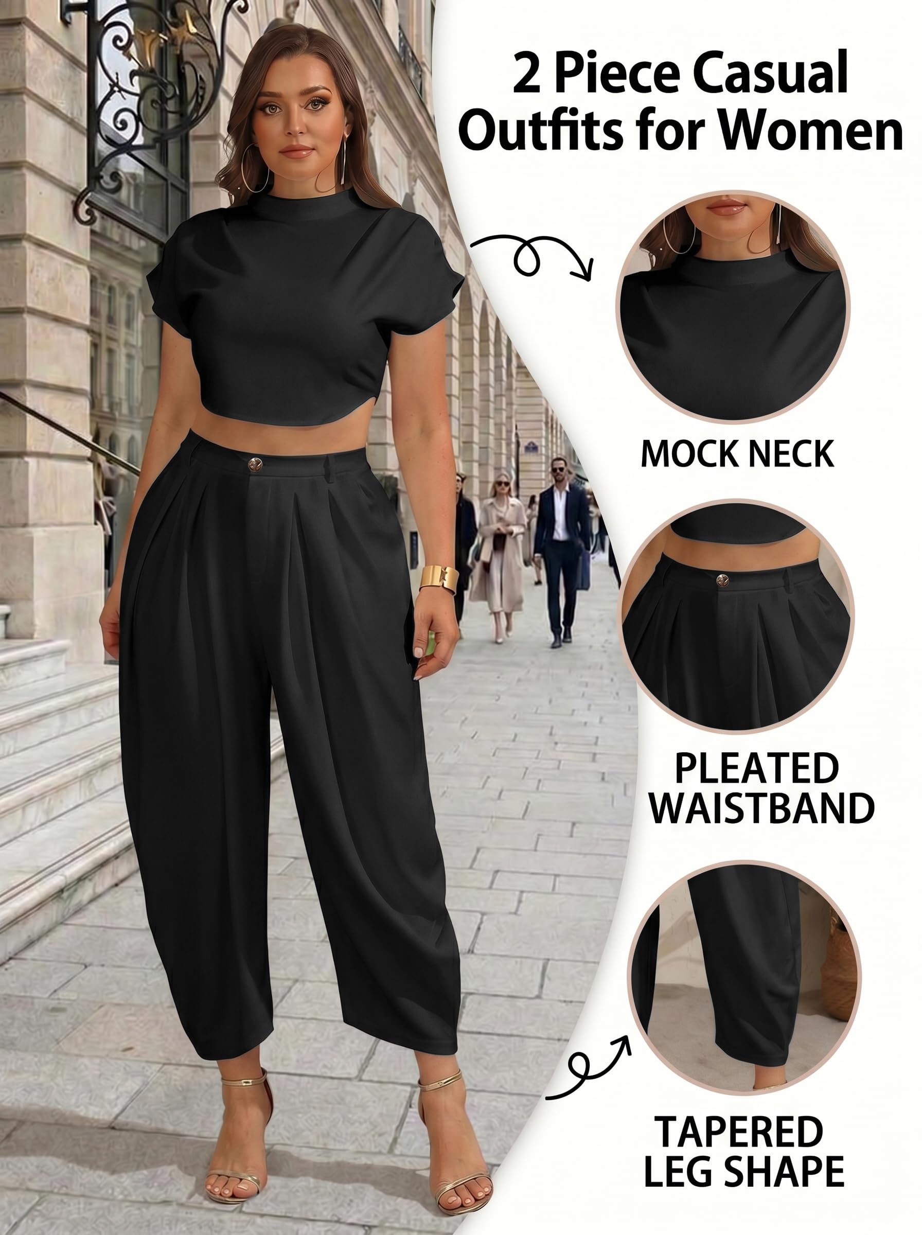 Ekaliy Womens Casual 2 Piece Outfits Cap Sleeve Crop Top Palazzo Pants Set | Mock Neck,Short Sleeve,Zipper-Back Crop Top,High-Waisted Pleated Pants,Wide Leg Dress Pants,2 Piece Sets For Women Dressy