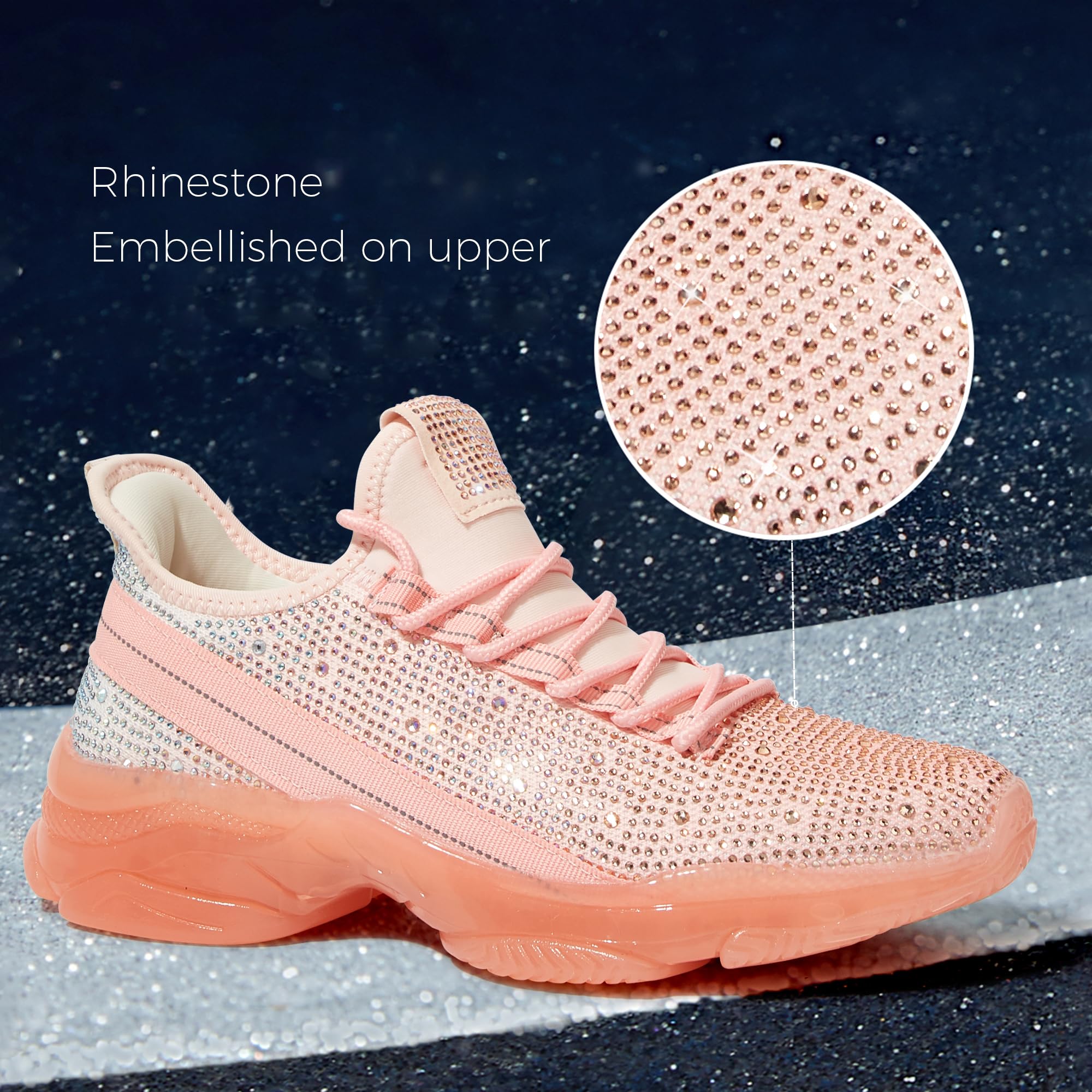 BELOS Women Rhinestone Mesh Slip On Walking Shoes | Fashion Breathable Spakle Glitter Sneaker
