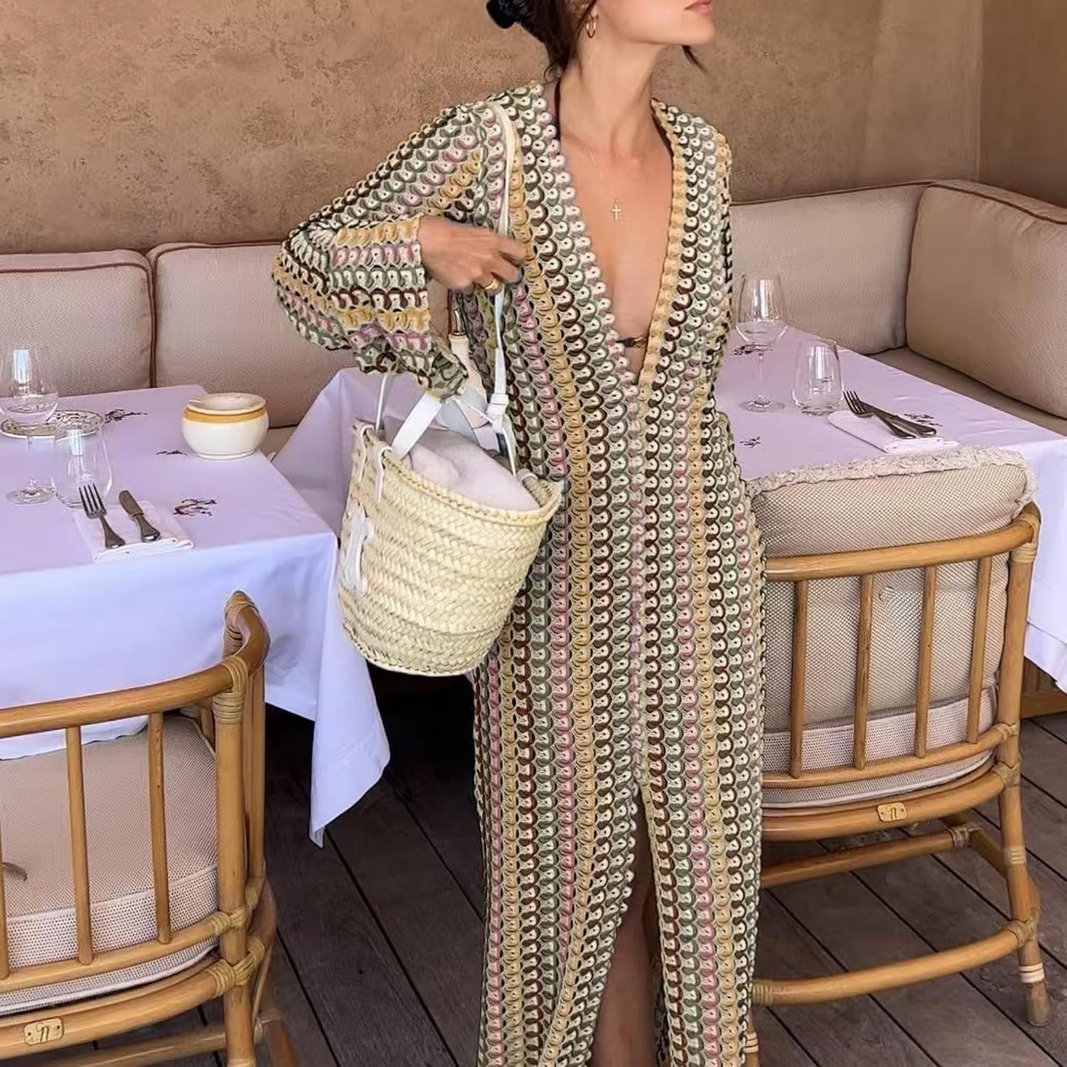 Womens Crochet Colorful Bell Long Sleeve V Neck Loose Maxi Dress Sexy Boho Eyelet Long Sundresses with Slit