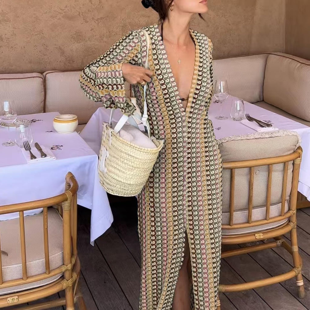 Womens Crochet Colorful Bell Long Sleeve V Neck Loose Maxi Dress Sexy Boho Eyelet Long Sundresses with Slit