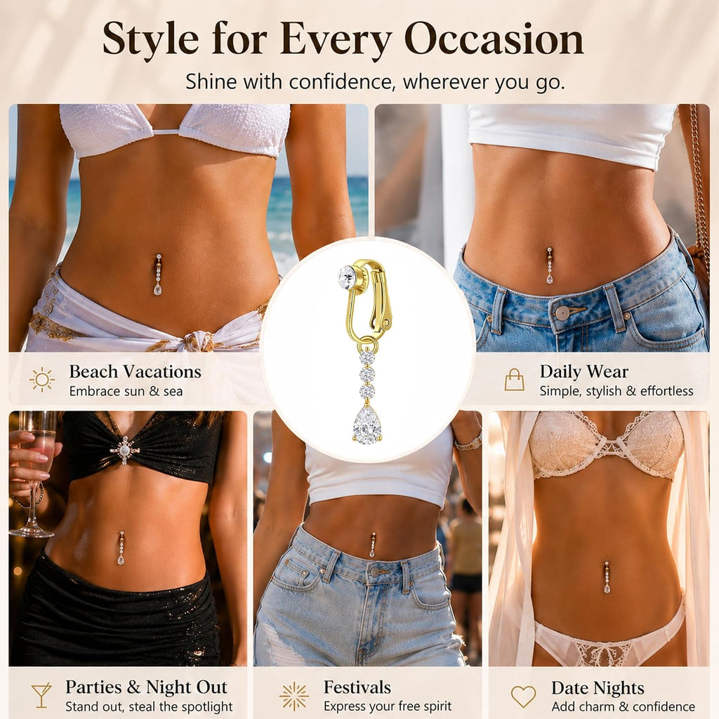D.Bella Fake Belly Piercing Gold Clip On Belly Button Rings for Women Non Piercing Dangle Navel Jewelry Daily Wear