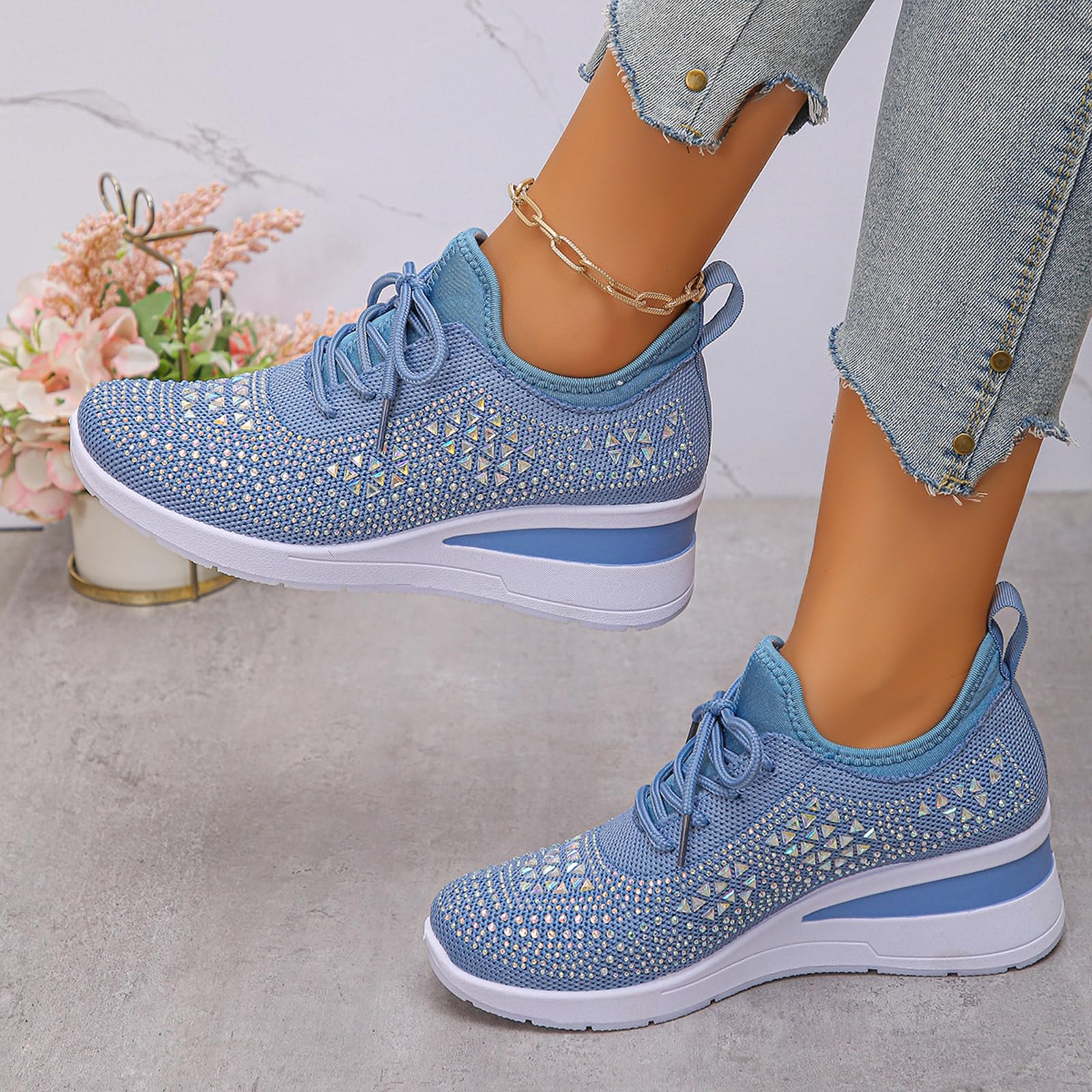 Glitter Rhinestone Wedge Sneakers with Lace-Up for Women Fashion Shiny Sequin Comfort Orthopedic Breathable Mesh Round Toe Soft Sole Tennis Walking Shoes
