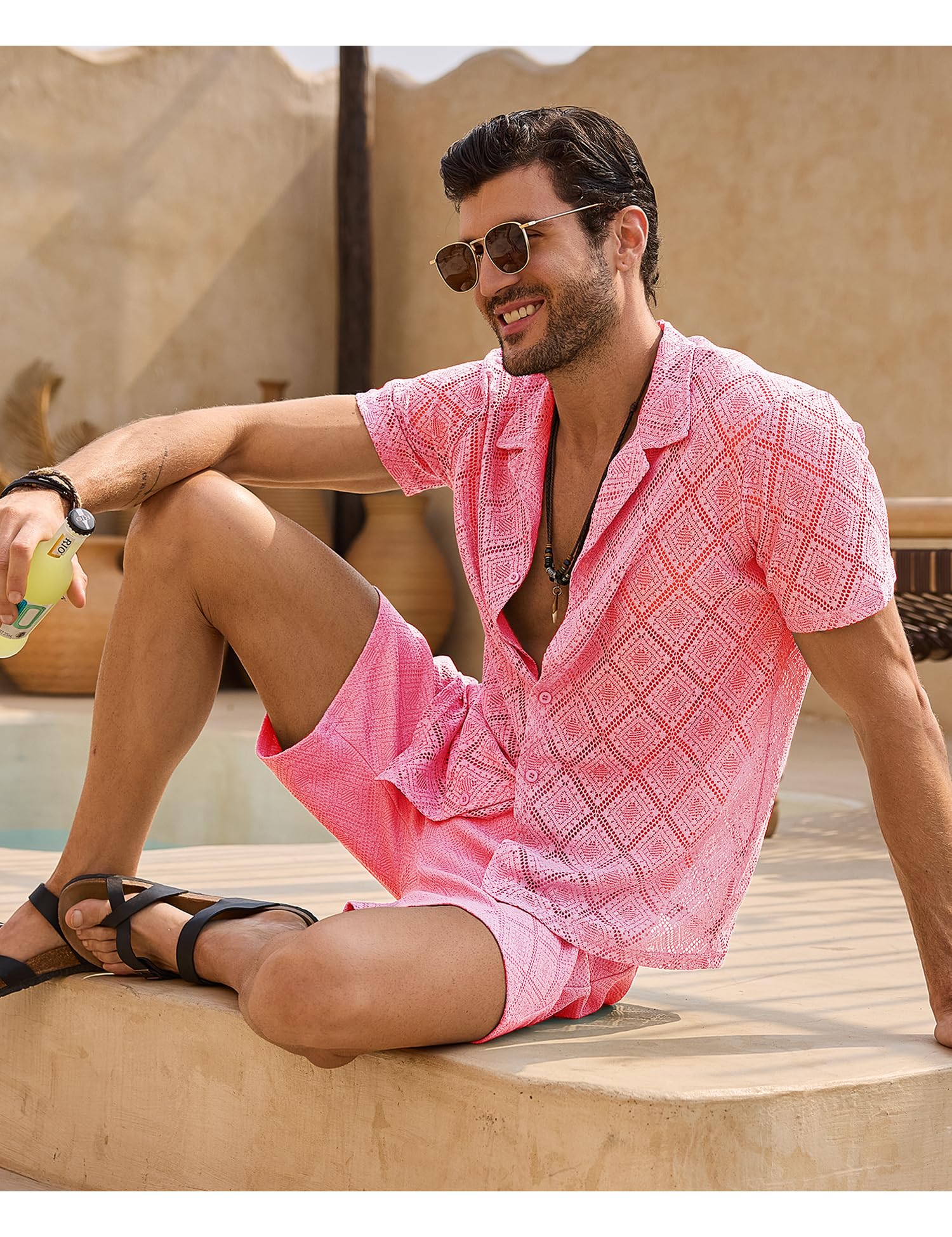 Men 2 Piece Shorts Set Sexy Lace Mesh Sheer Short Sleeve Summer Rave Outfit