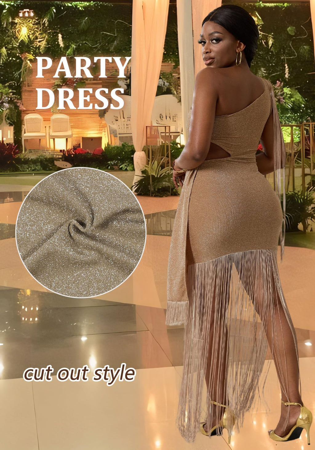Geulis Women Wedding Guest Dresses Elegant One Shlouder Fringe Dress | Sexy Bodycon Maxi Dress,Cutout off the Shoulder Cocktail Evening Party Formal Dress,Sparkly Glitter,With Tassels