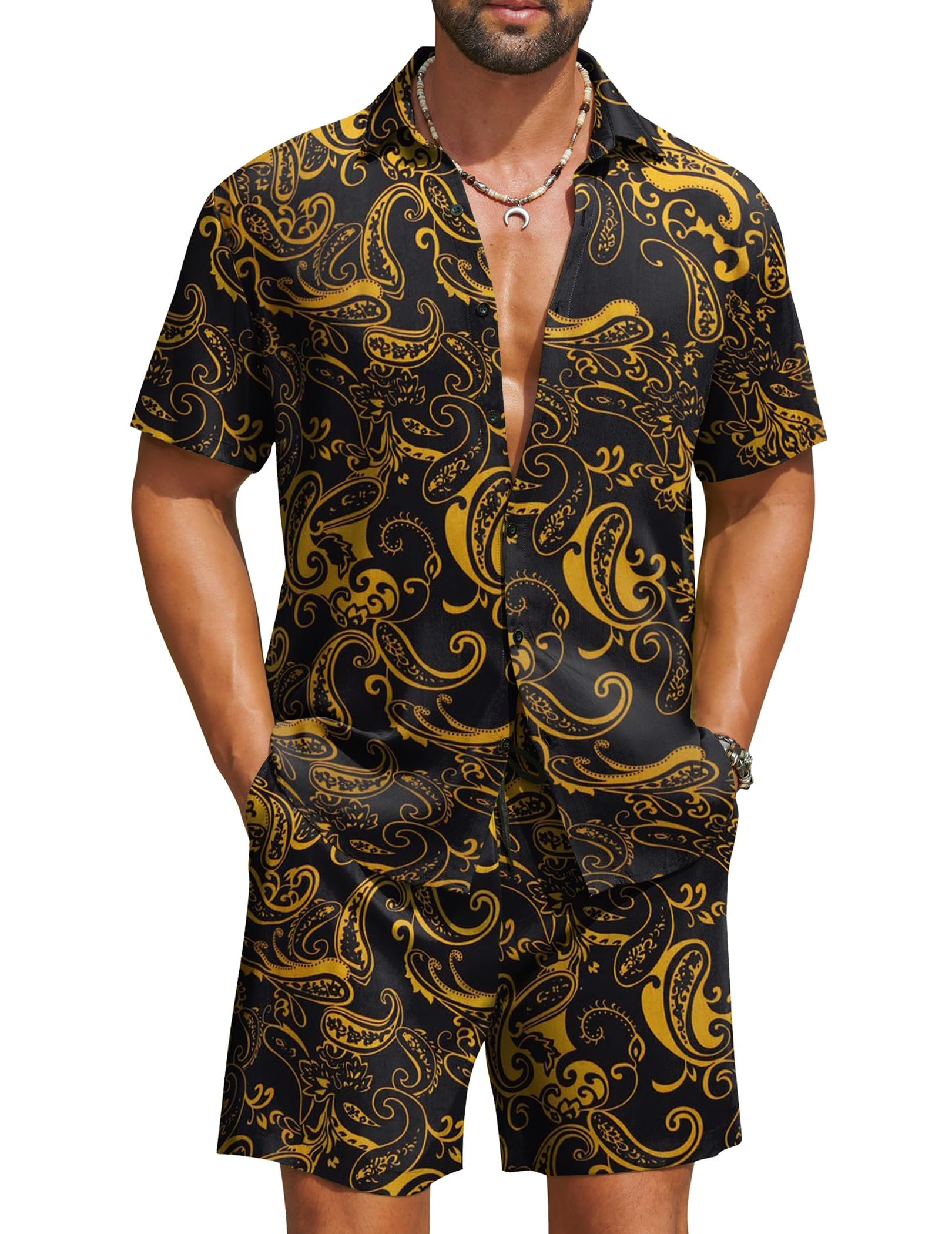 COOFANDY Men's Hawaiian Matching Set Summer Beach 2 Piece Outfits Flower Button Down Shirts and Shorts Vacation Outfits
