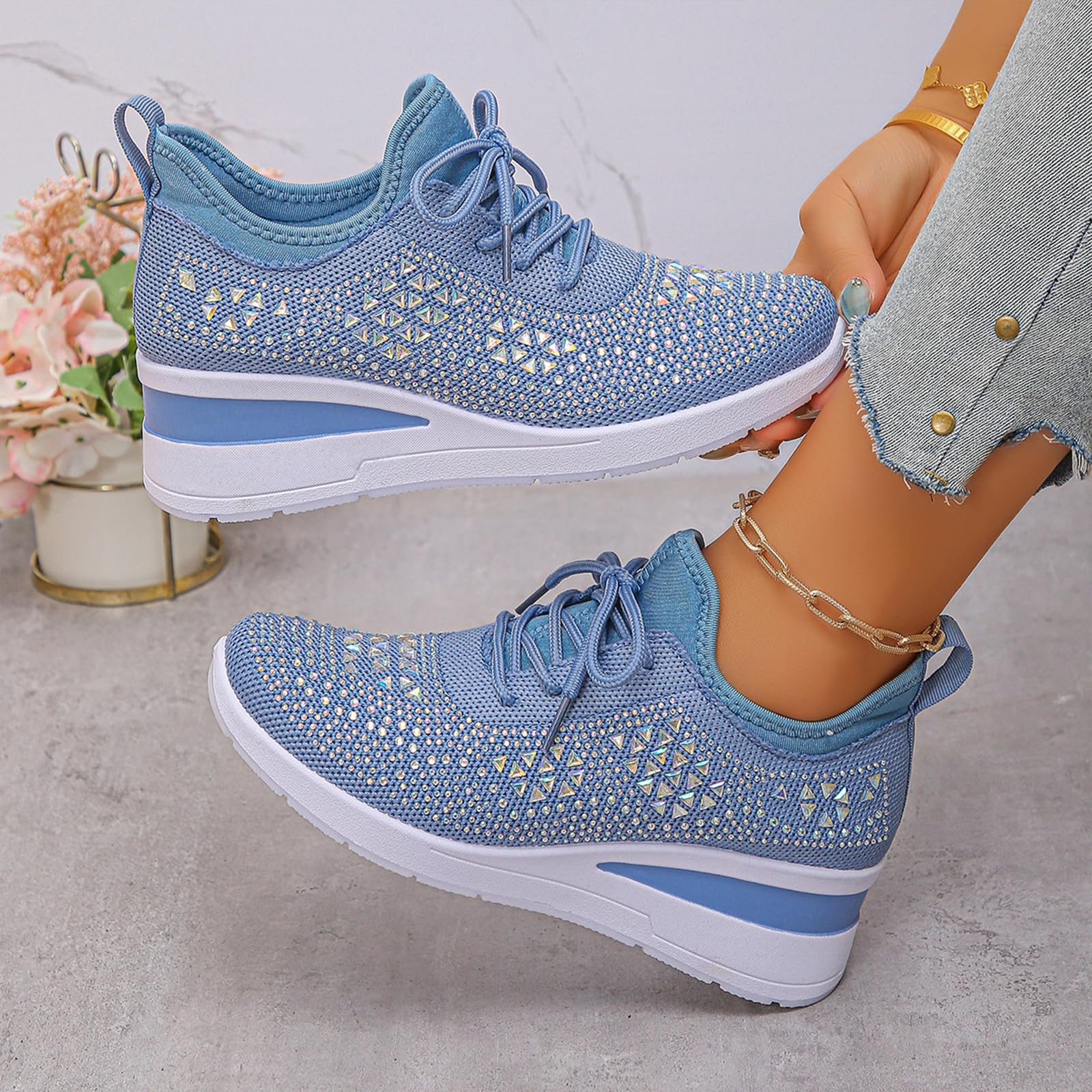 Glitter Rhinestone Wedge Sneakers with Lace-Up for Women Fashion Shiny Sequin Comfort Orthopedic Breathable Mesh Round Toe Soft Sole Tennis Walking Shoes