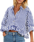 Cicy Bell Womens Cropped Striped Button Down Shirts Ruffle 3/4 Length Tops | Dressy Casual Blouses,Summer V Neck Tops,Vacation Outfits