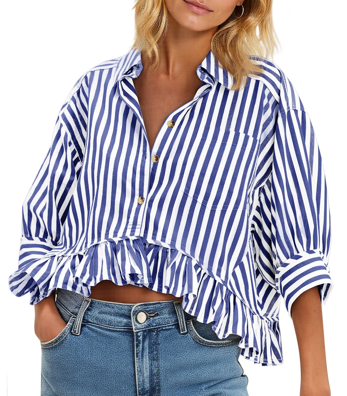 Cicy Bell Womens Cropped Striped Button Down Shirts Ruffle 3/4 Length Tops | Dressy Casual Blouses,Summer V Neck Tops,Vacation Outfits