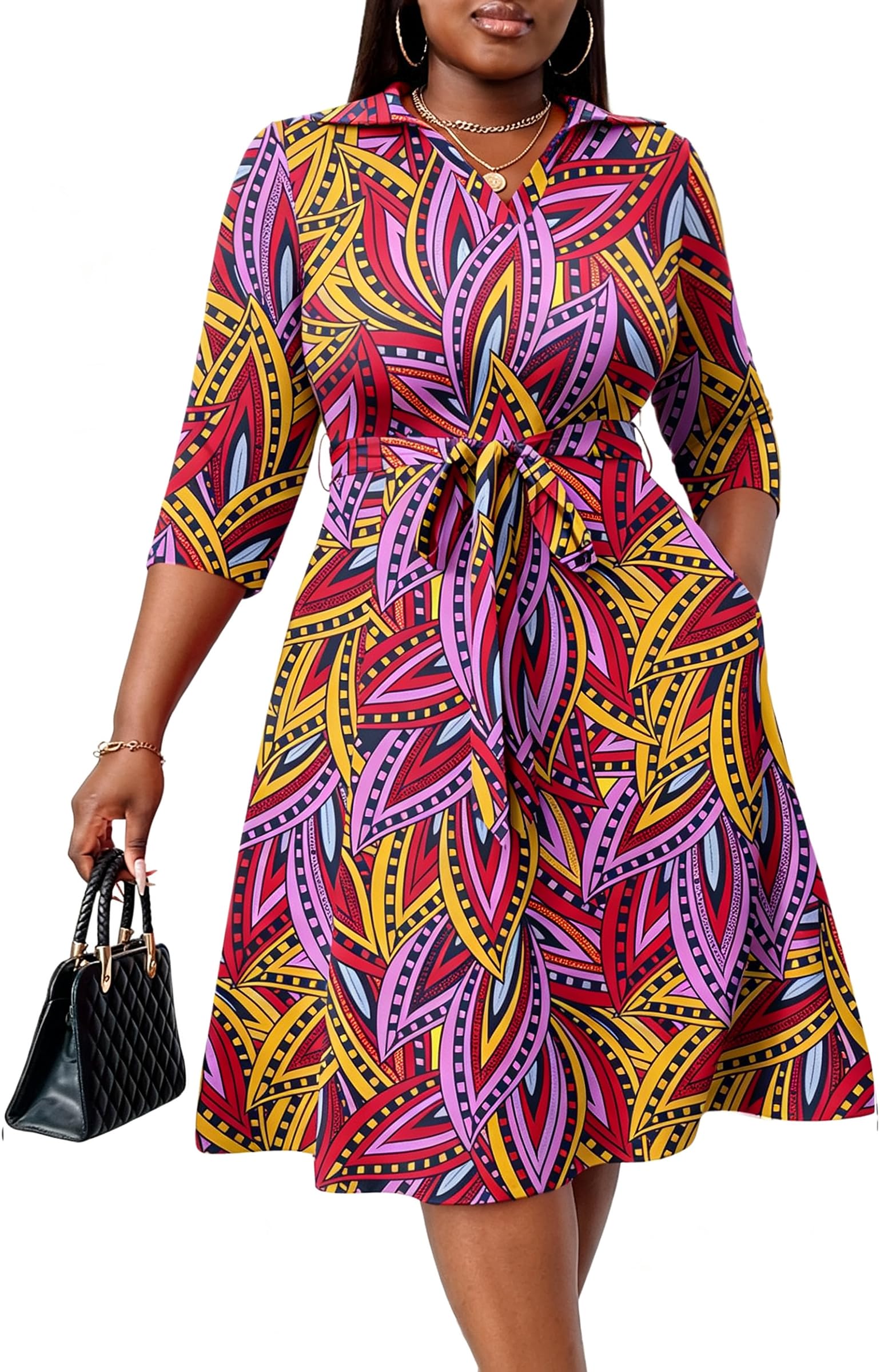 FANDEE Plus Size Midi Dress for Women Casual - Fit and Flare Summer Dresses | Semi Formal,African Print,Polo Collar Cocktail Dress,With Pockets And Belt