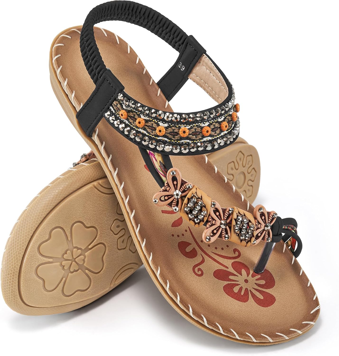 Ablanczoom Flat Sandals for Women Summer: Casual Boho Beaded Toe Ring Dress Shoes - Comfortable Vacation Daily Walking Shoes