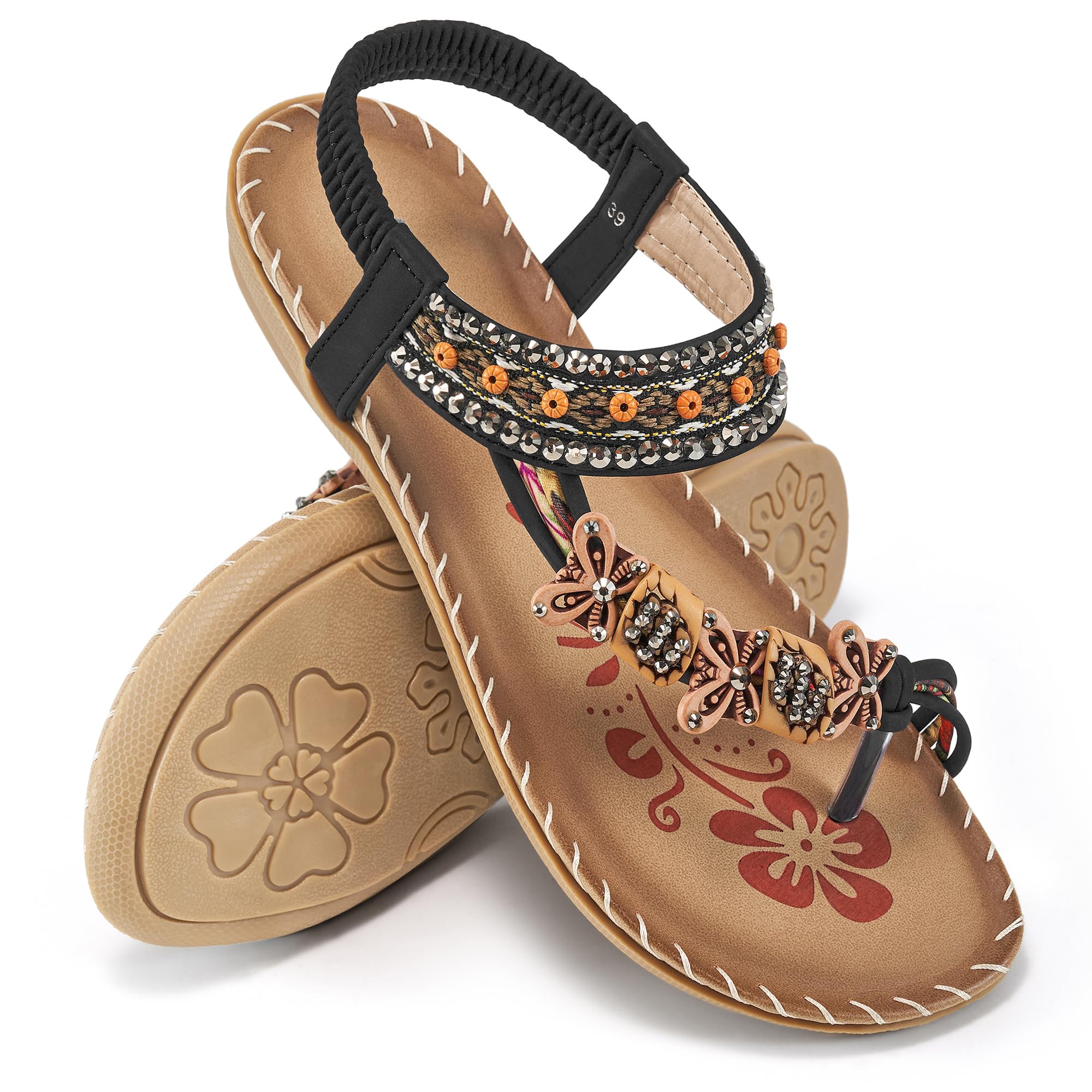 Ablanczoom Flat Sandals for Women Summer: Casual Boho Beaded Toe Ring Dress Shoes - Comfortable Vacation Daily Walking Shoes