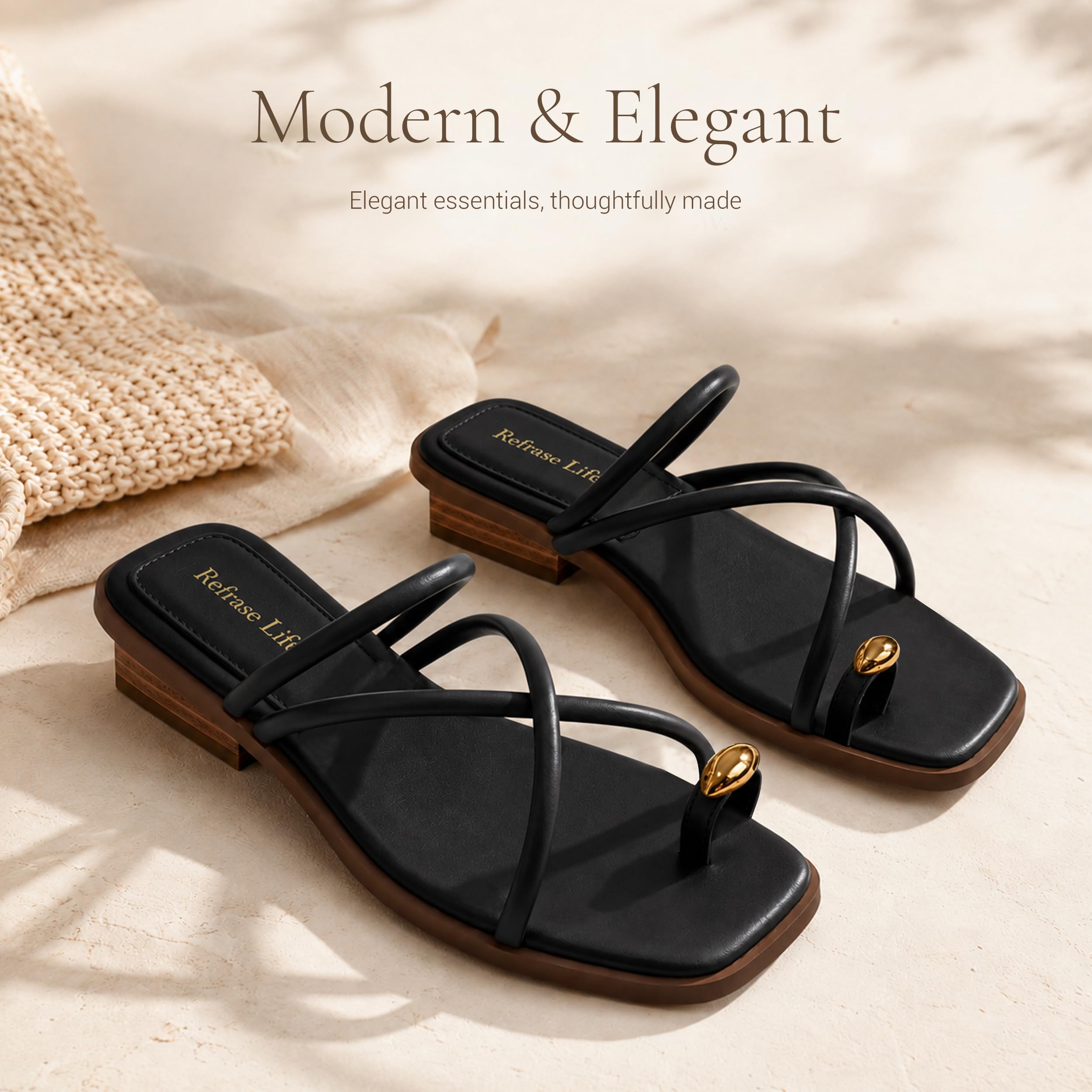 REFRASE LIFE Women's Toe Ring Slide Sandals Strappy Toe Loop Slip On Open Toe Flip Flops, Casual Summer Beach Shoes