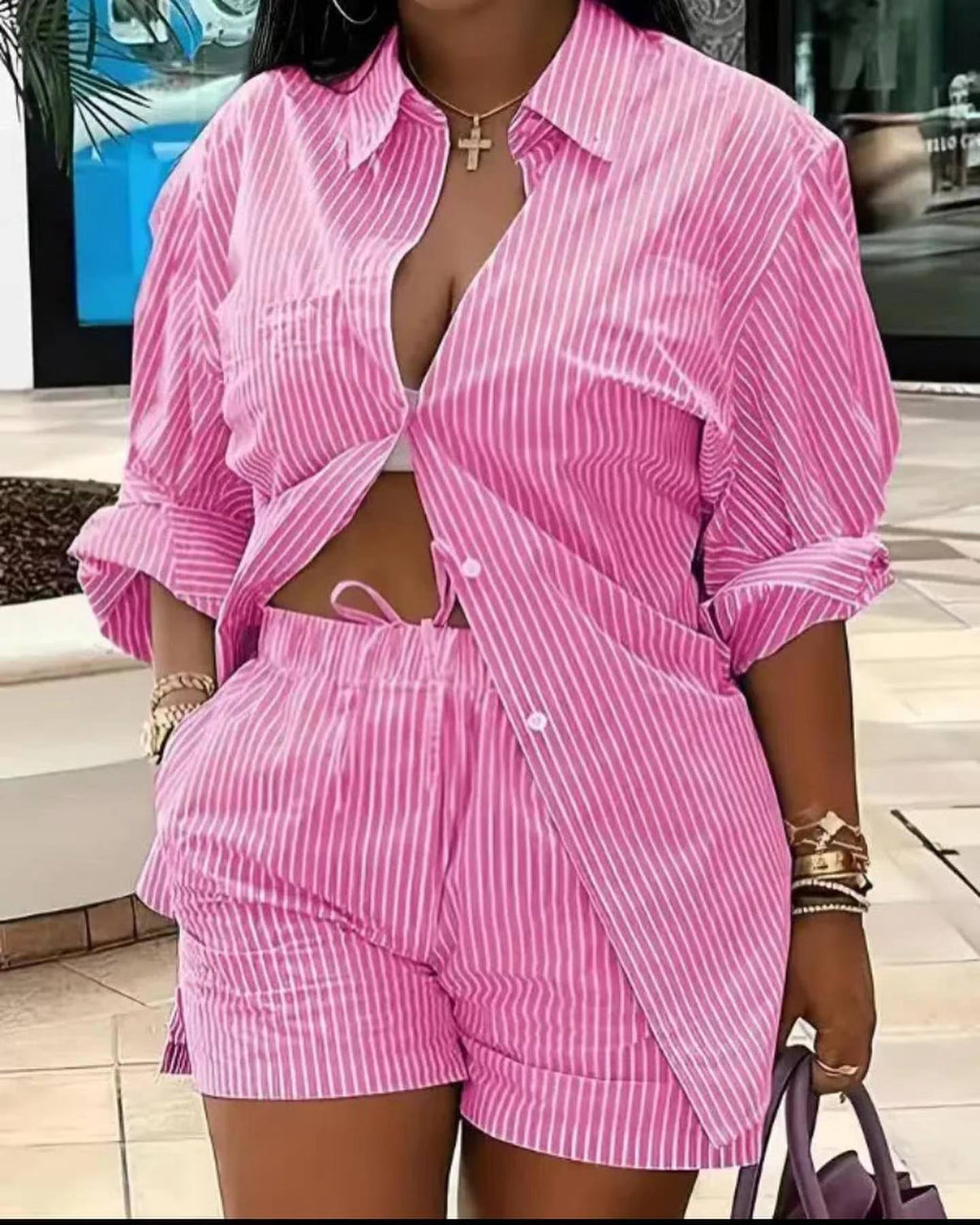 Mandonce 2 Piece Outfits for Women Long Sleeve Printed Shirt and Elastic Lace-Up Shorts with Pockets Beach Vacation Clothes