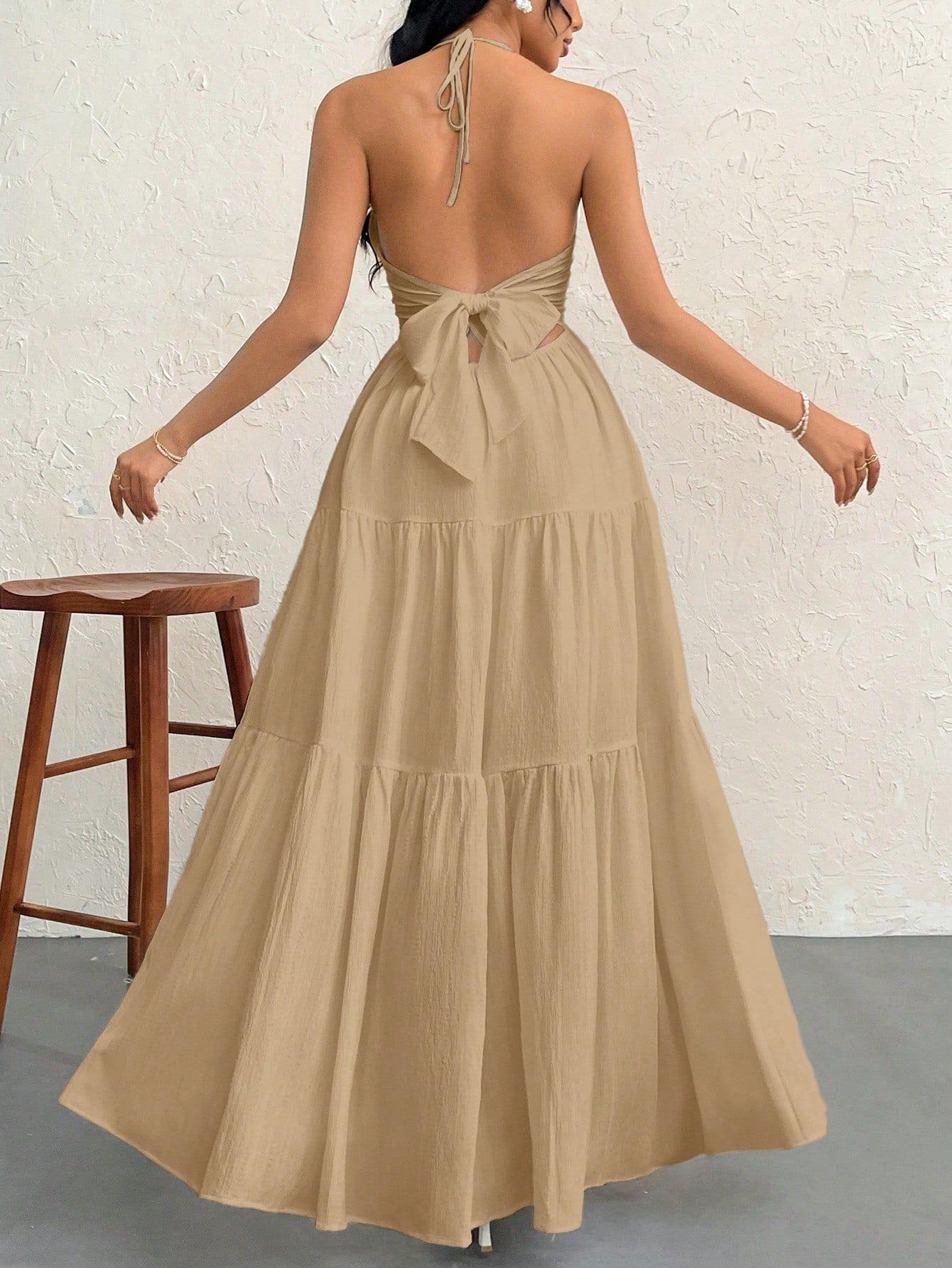 Narecte Women's Maxi Summer Dresses Halter V Neck Beach Dresses for Women A-Line Casual Dress for Vacation
