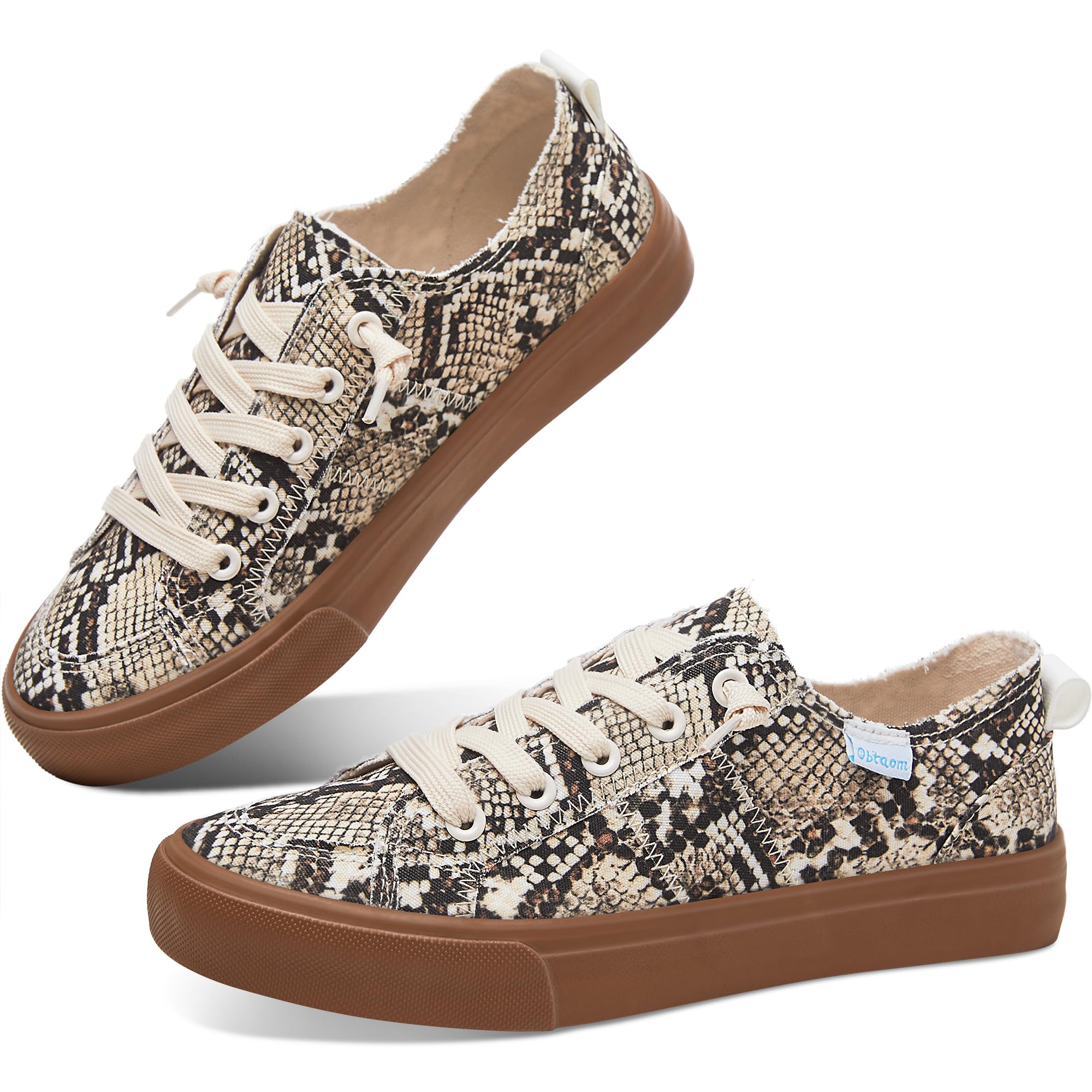 Obtaom Women's Play Fashion Sneaker White Color Washed and Leopard Canvas Slip on Shoes