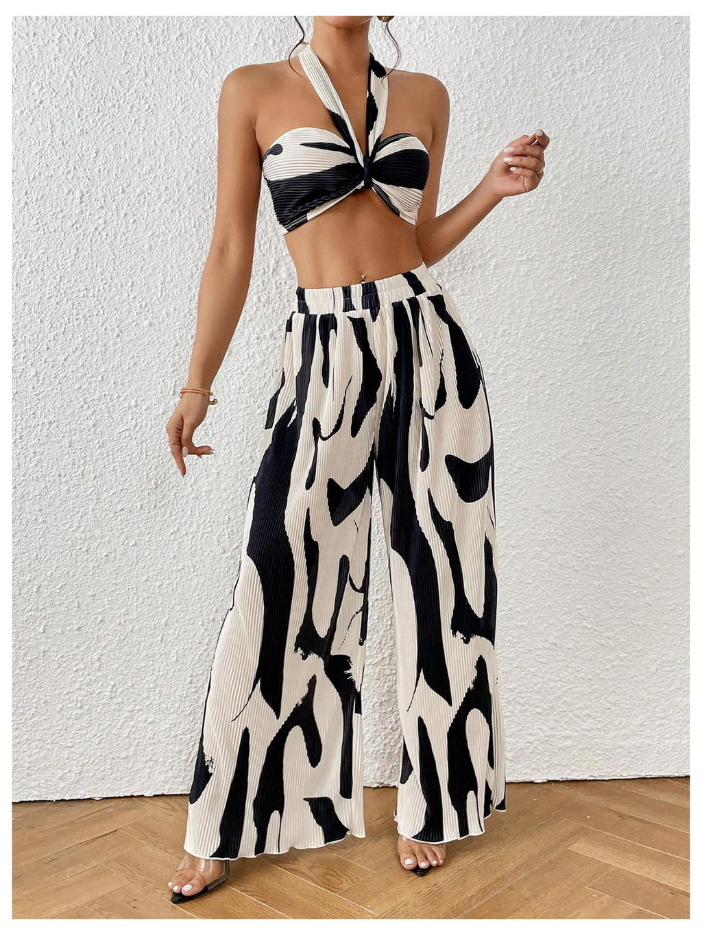 OYOANGLE Women's 2 Piece Graphic Halter Top Wide Leg Pants Vacation Outfits | Knitted, Sleeveless, Crop, High Waist, Beach Club, Summer Sets, Sexy Resort Wear