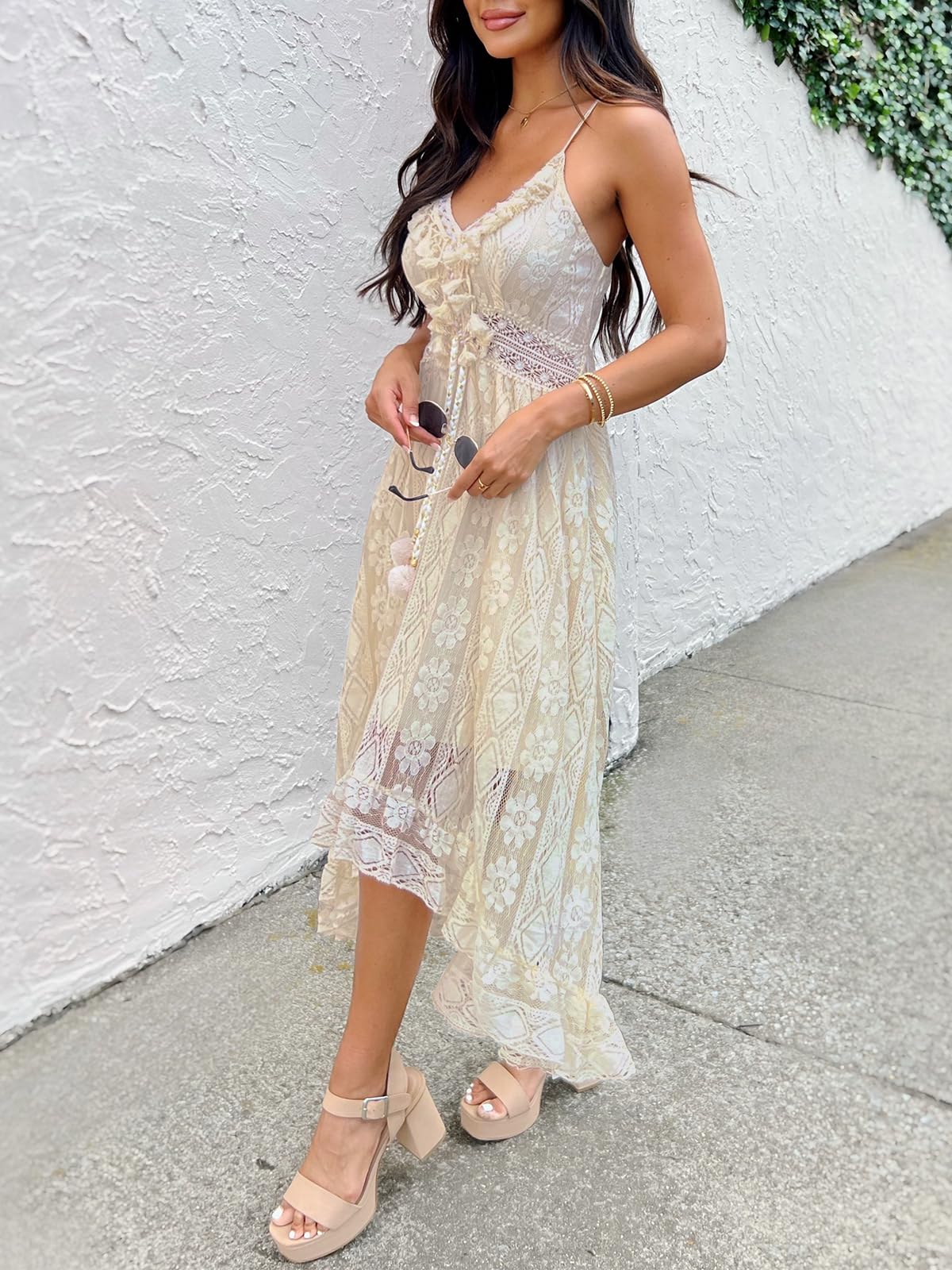 CUPSHE Womens Lace Summer Maxi Dresses 2026 Beach Wear | V Neck Spaghetti Straps Sundress, Tassel, Boho Pom Poms, Flowy Vacation Outfits, Resort Wear, Graduation Wedding Guest Looks