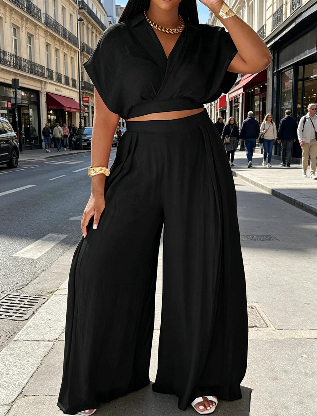 Ekaliy Women Two Piece Crop Top Flowy Wide Leg Pants Set Summer Outfits | Lightweight breathable fabric,batwing V-neck crop top,elastic waist wide leg lined pants with pockets for casual wear.