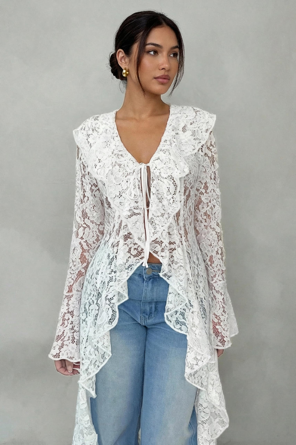Lace Cardigan for Women Maxi Summer Lightweight Open Front Tie Bell Long Sleeve Ruffled Tops Duster Swimsuit Cover Up