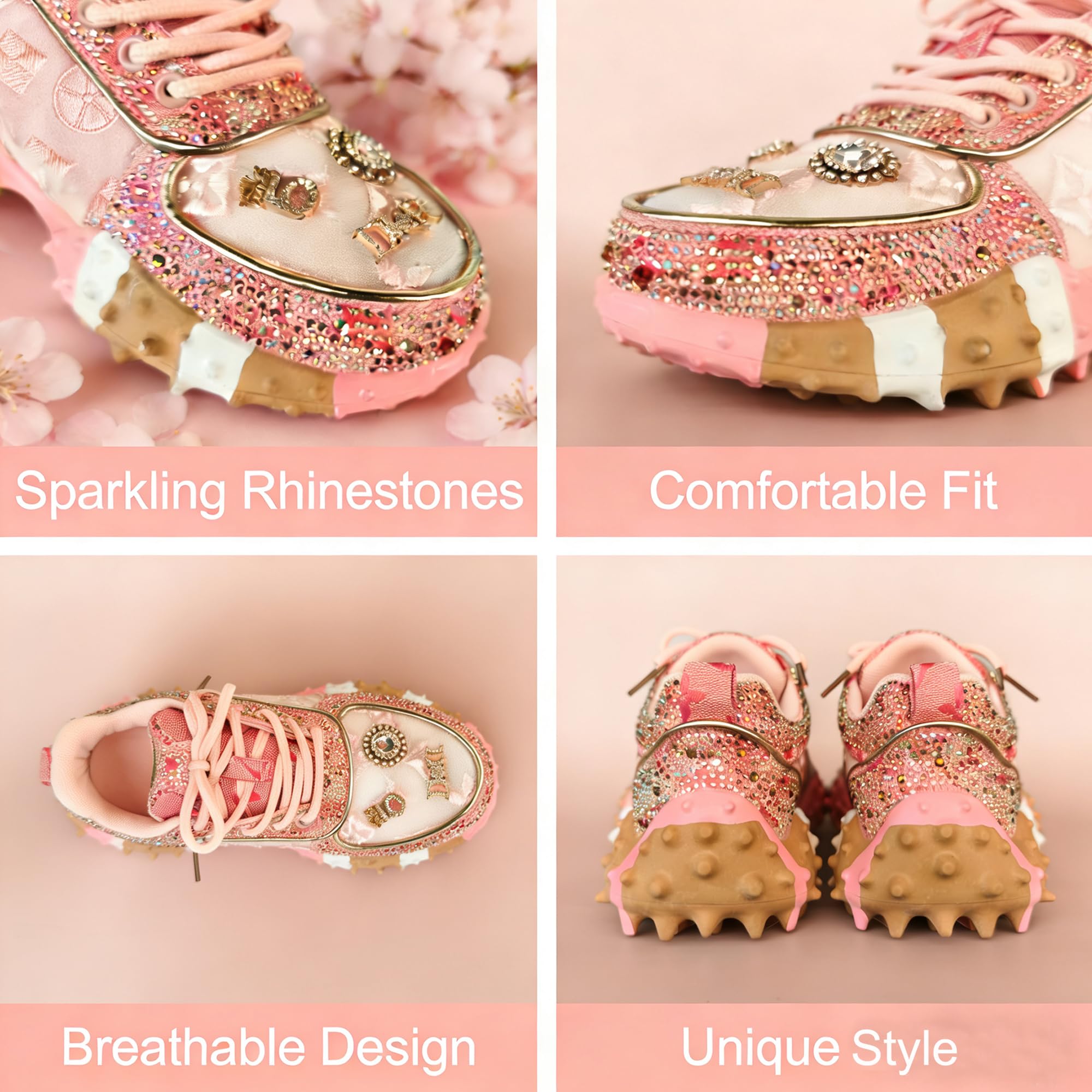 Rhinestone Sparkly Glitter Platform Dads Women Daily Casual Party Shoes | Fashion Bling Rhinestone Glitter Chunky Dad Sneakers Cushioned Soles Comfort Casual Shoes for Daily Wear Parties and Weddings