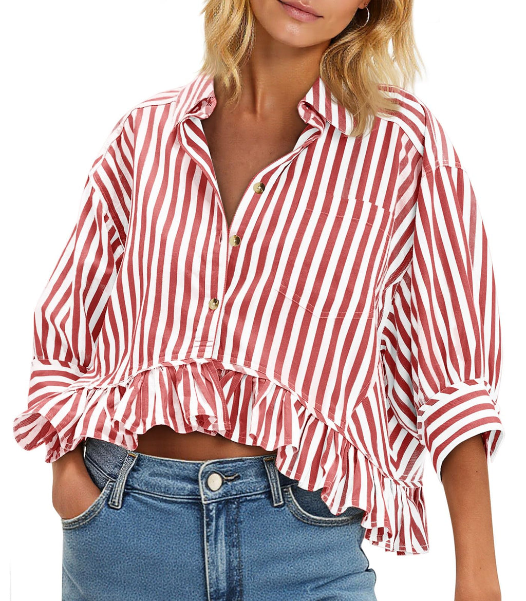 Cicy Bell Womens Cropped Striped Button Down Shirts Ruffle 3/4 Length Tops | Dressy Casual Blouses,Summer V Neck Tops,Vacation Outfits