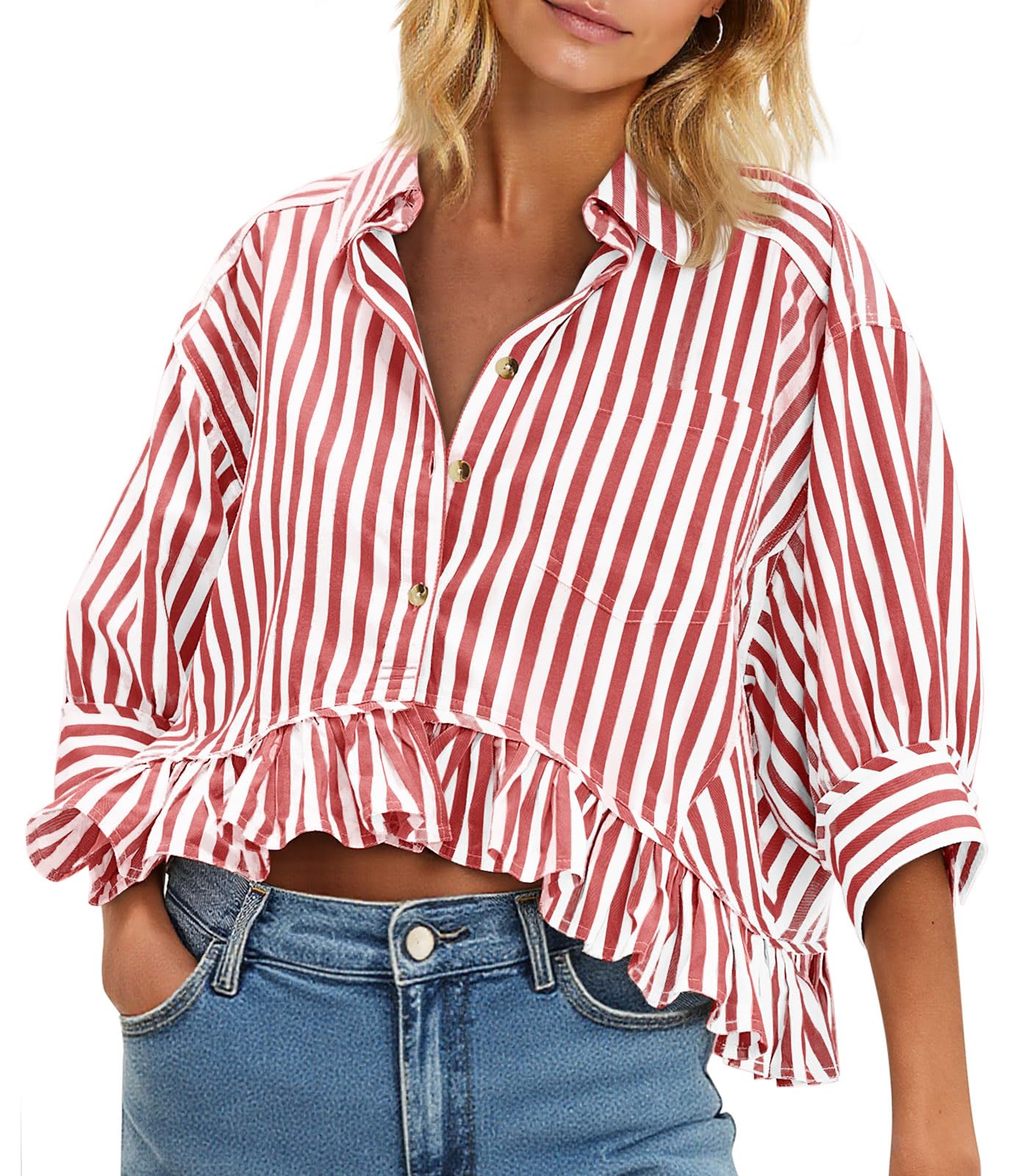 Cicy Bell Womens Cropped Striped Button Down Shirts Ruffle 3/4 Length Tops | Dressy Casual Blouses,Summer V Neck Tops,Vacation Outfits