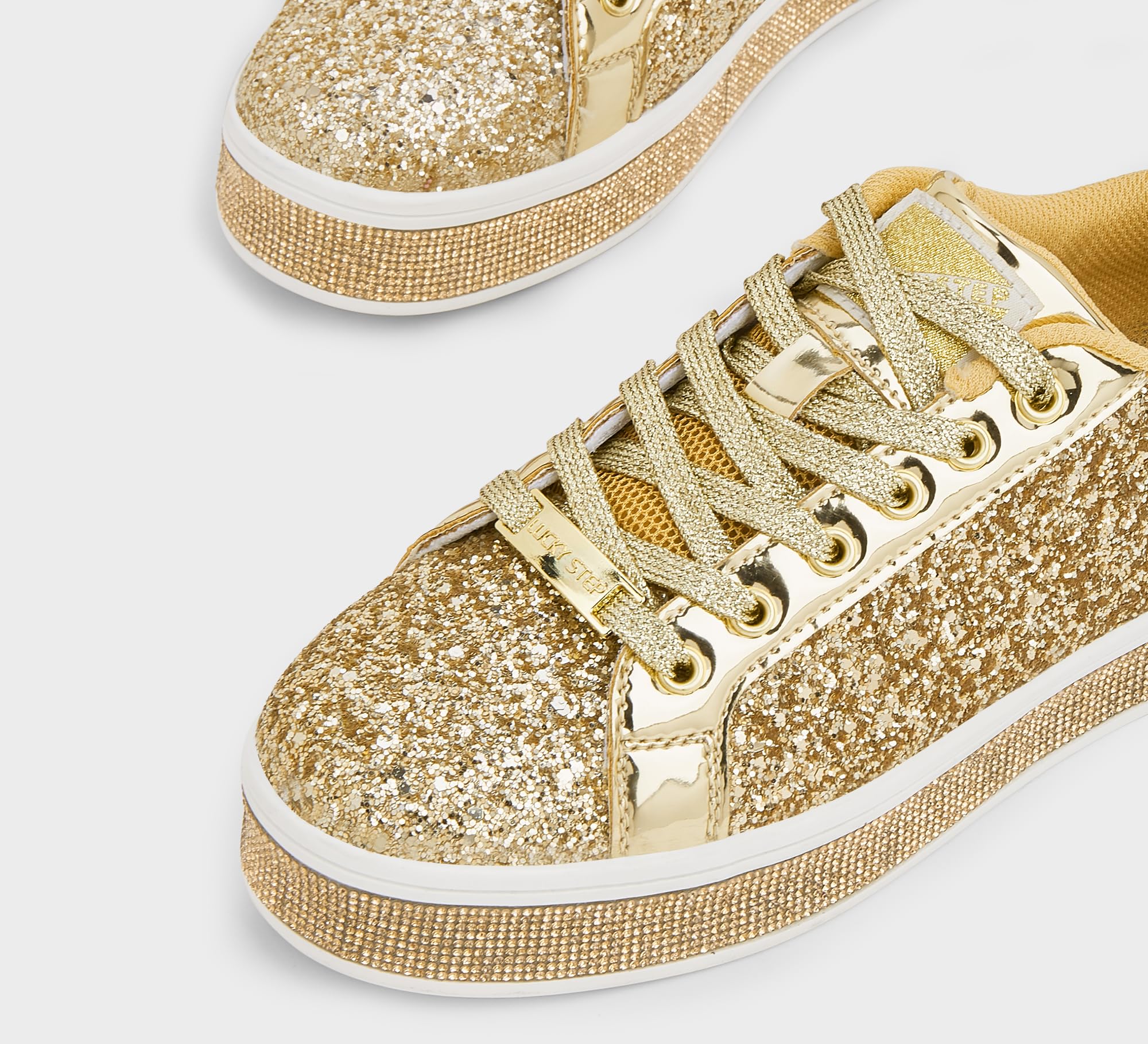LUCKY STEP Women's Platform Sparkly Glitter Sneakers | Bling Shiny Dressy Bedazzled Wedding Bridal Fashion Walking Shoes