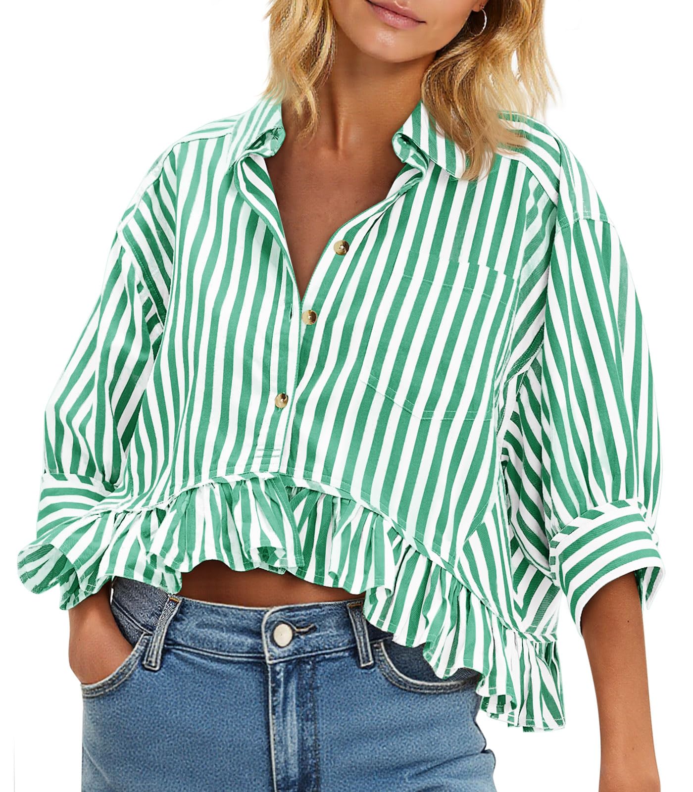 Cicy Bell Womens Cropped Striped Button Down Shirts Ruffle 3/4 Length Tops | Dressy Casual Blouses,Summer V Neck Tops,Vacation Outfits