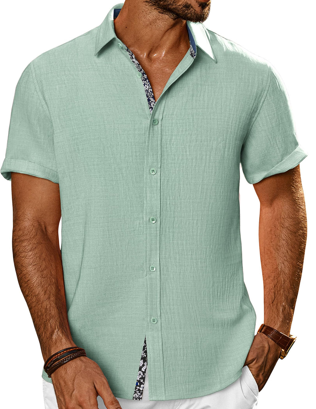 PJ PAUL JONES Mens Short Sleeve Button Down Shirts Casual Summer Clothing | Linen Textured, Summer Beach Vacation Tops, Untucked Dress Shirt, Lightweight, Regular Fit, Fashion Resort Wear