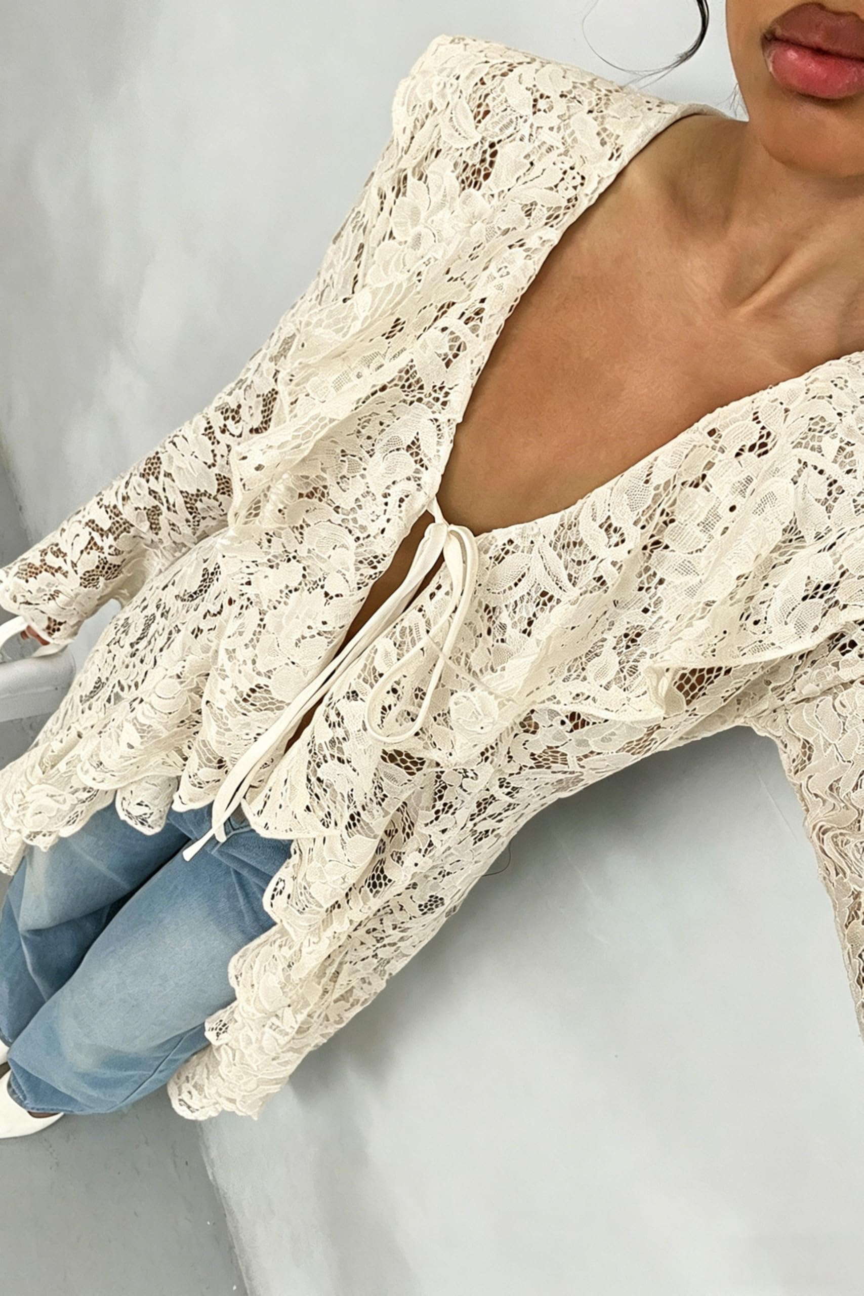 Lace Cardigan for Women Maxi Summer Lightweight Open Front Tie Bell Long Sleeve Ruffled Tops Duster Swimsuit Cover Up