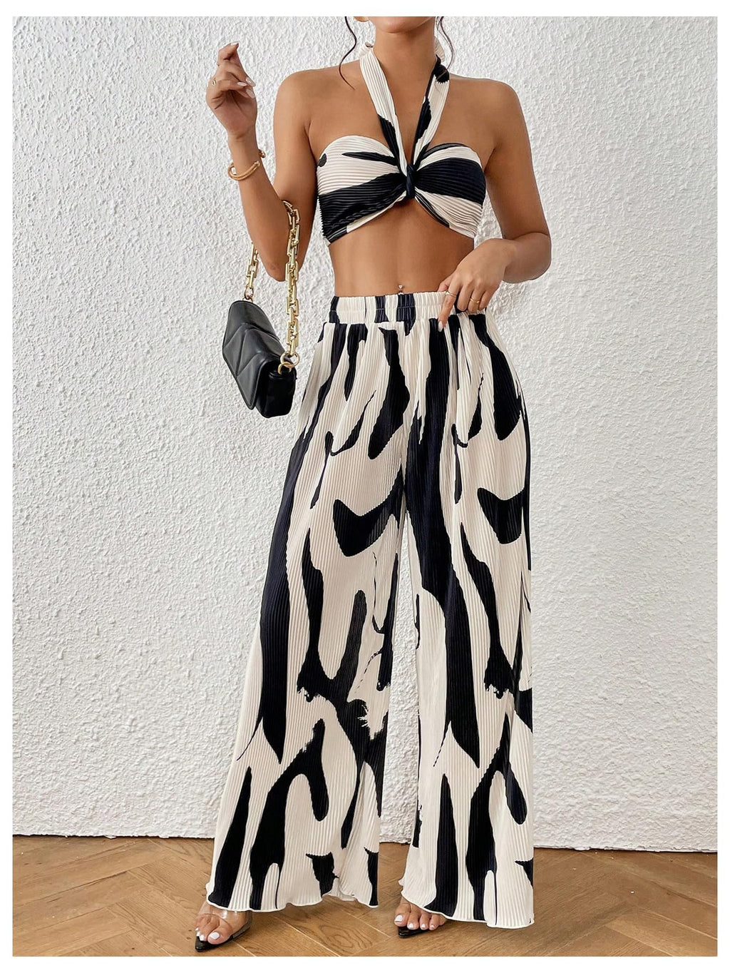 OYOANGLE Women's 2 Piece Graphic Halter Top Wide Leg Pants Vacation Outfits | Knitted, Sleeveless, Crop, High Waist, Beach Club, Summer Sets, Sexy Resort Wear
