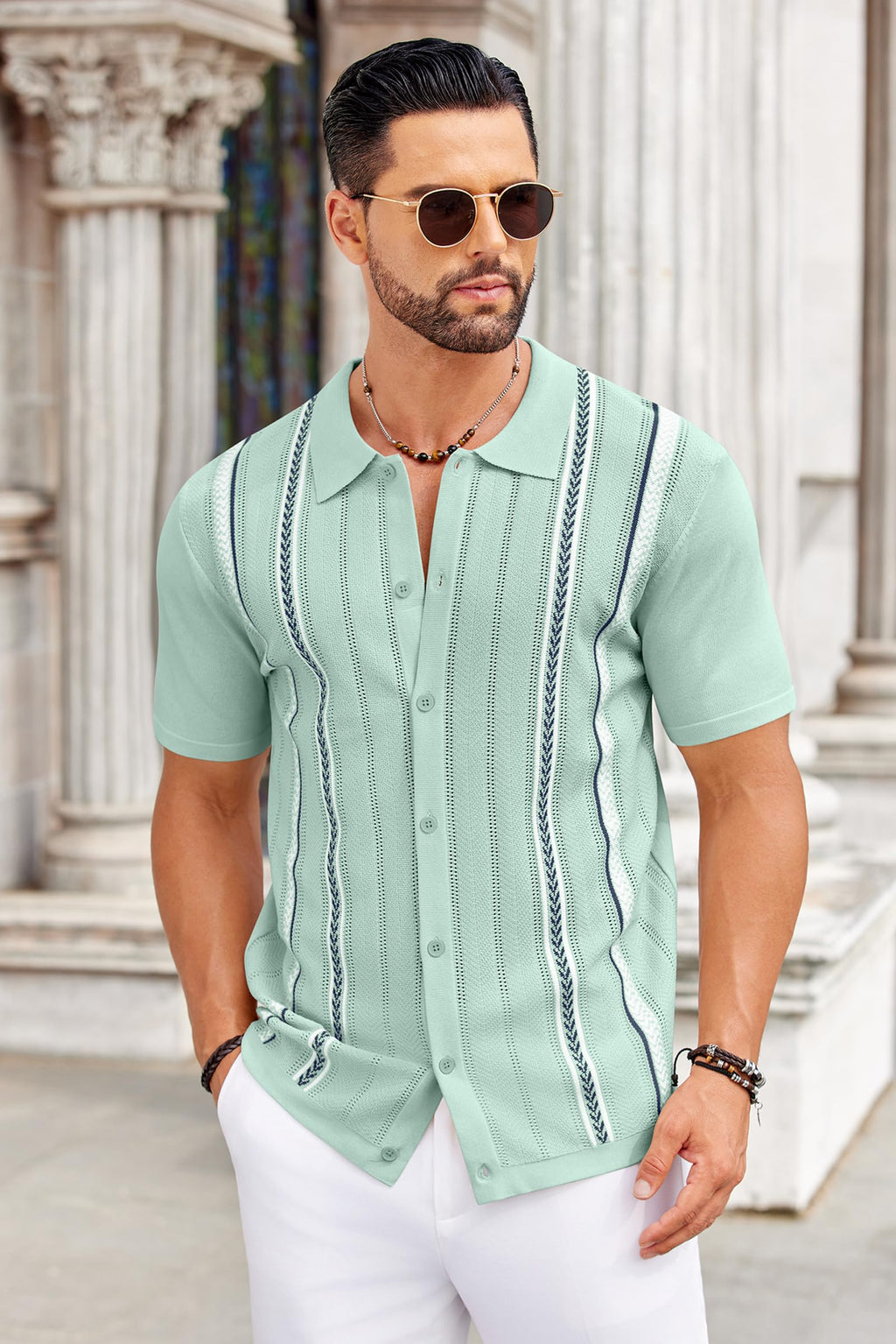 COOFANDY Knit Shirts for Men Casual Short Sleeve Button Down Shirts Summer Beach Stretch Fit Collared Shirts
